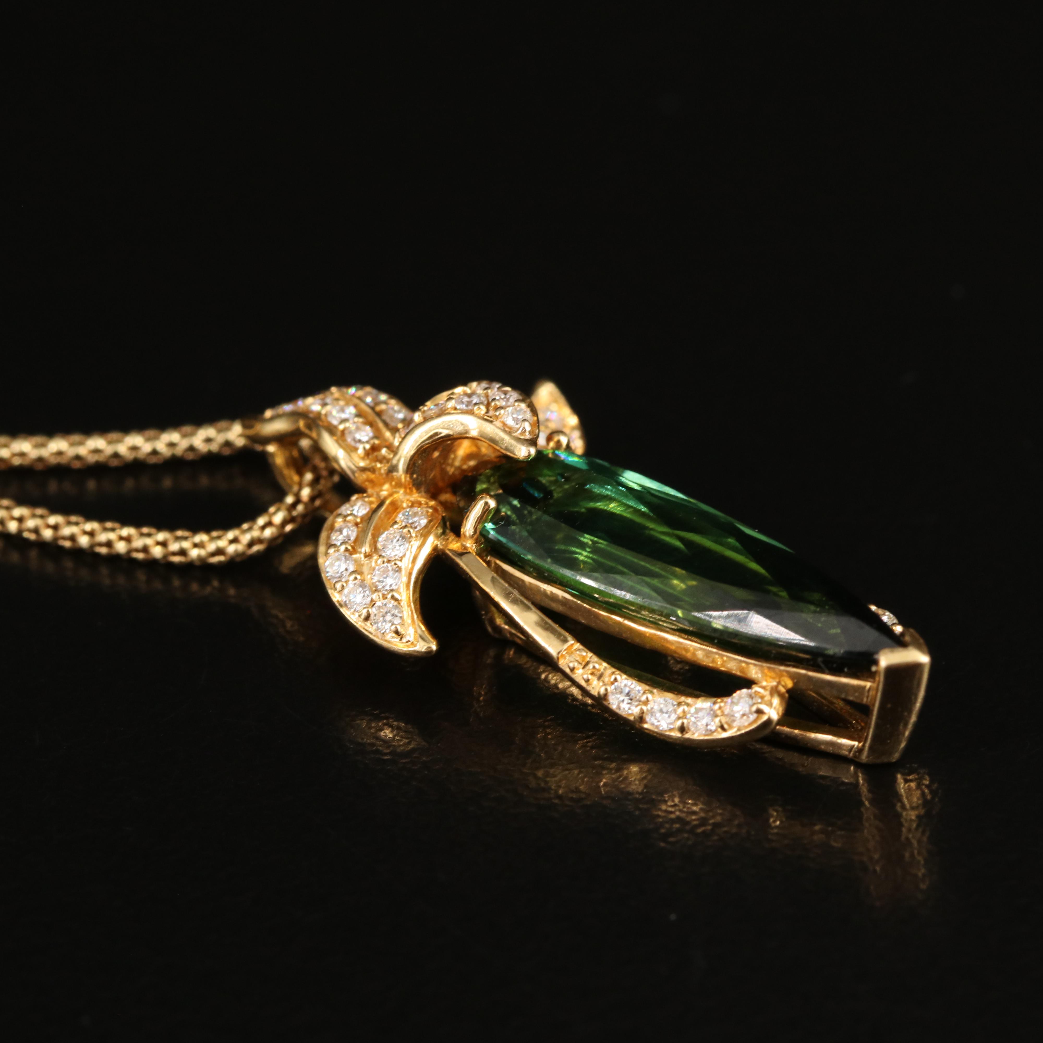 18K 3.25 Ct Tourmaline and Diamond Floral Pendant on 14K Popcorn Chain Necklace