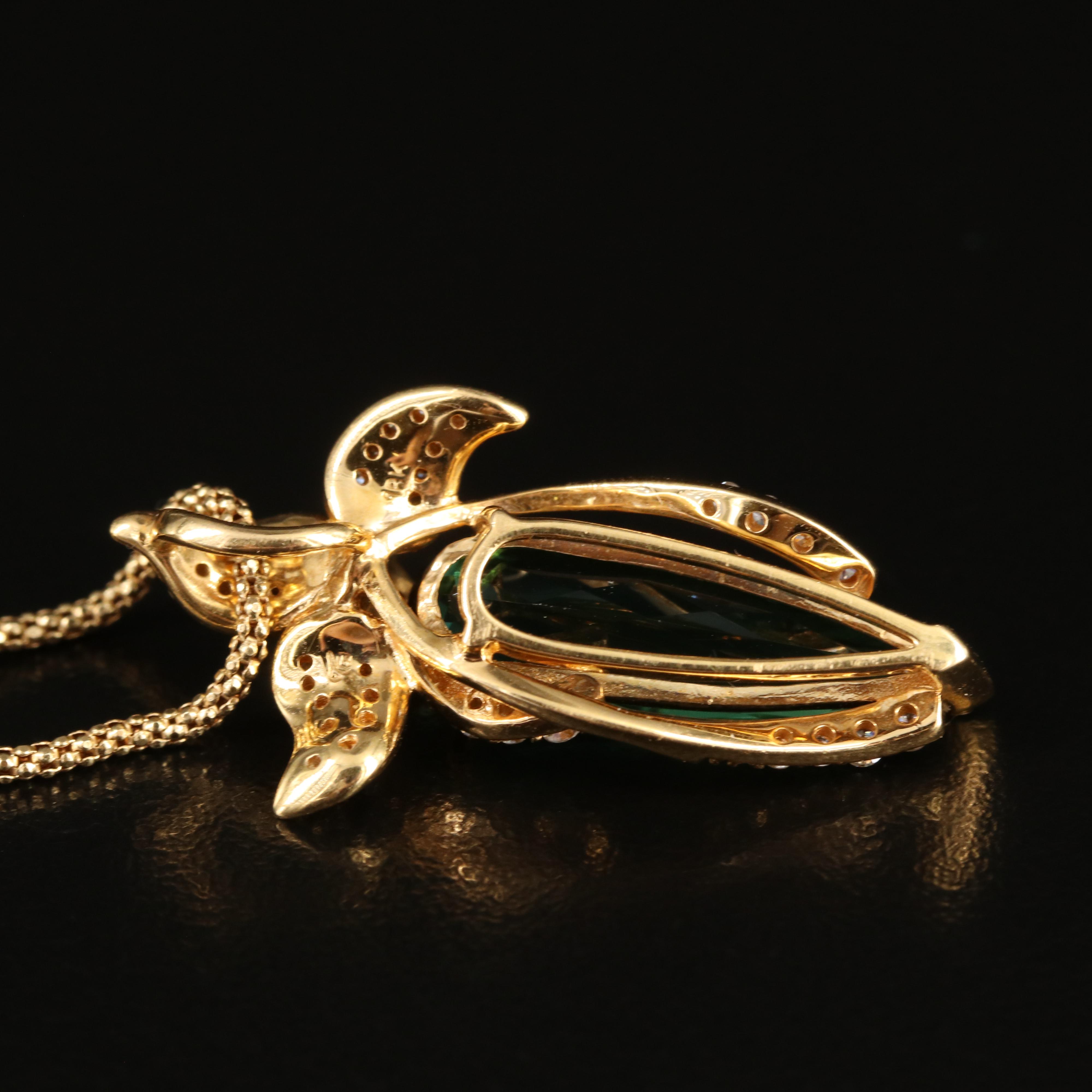 18K 3.25 Ct Tourmaline and Diamond Floral Pendant on 14K Popcorn Chain Necklace