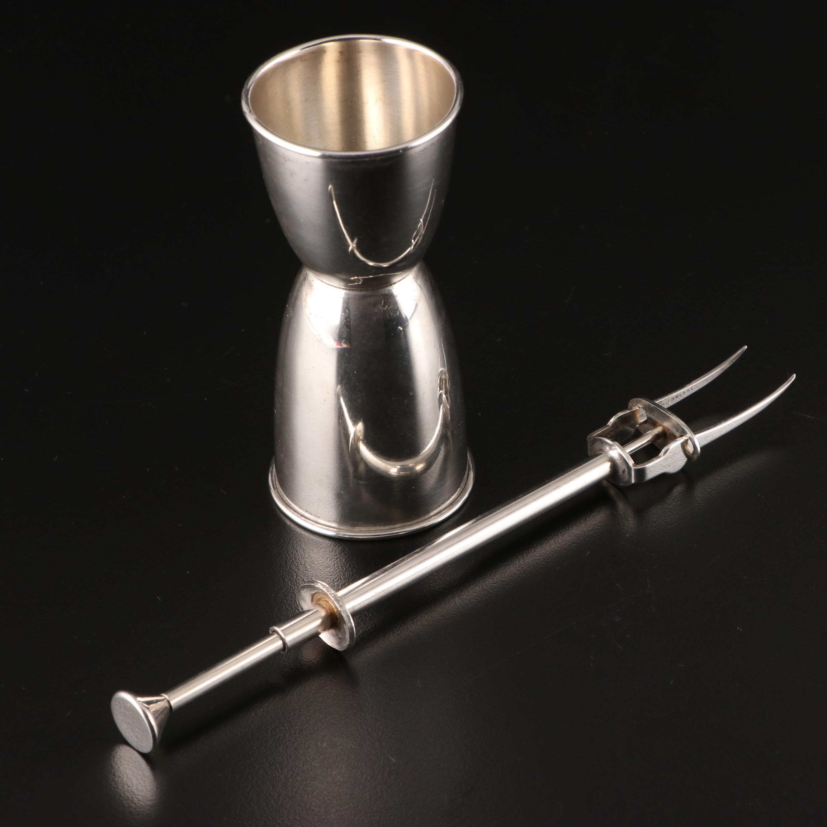 Gorham Sterling Silver Double Jigger with English Silver Plate Olive Fork