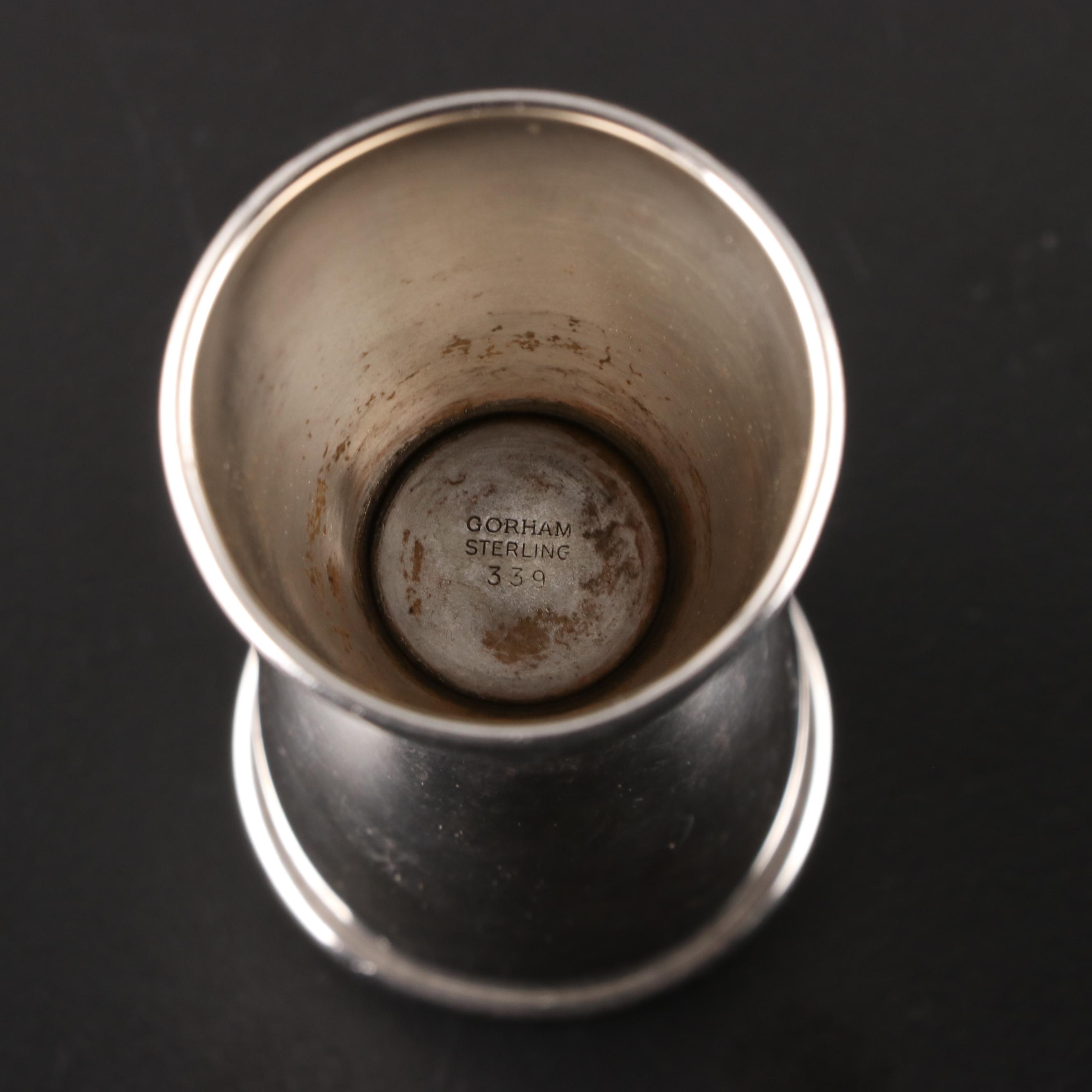 Gorham Sterling Silver Double Jigger with English Silver Plate Olive Fork