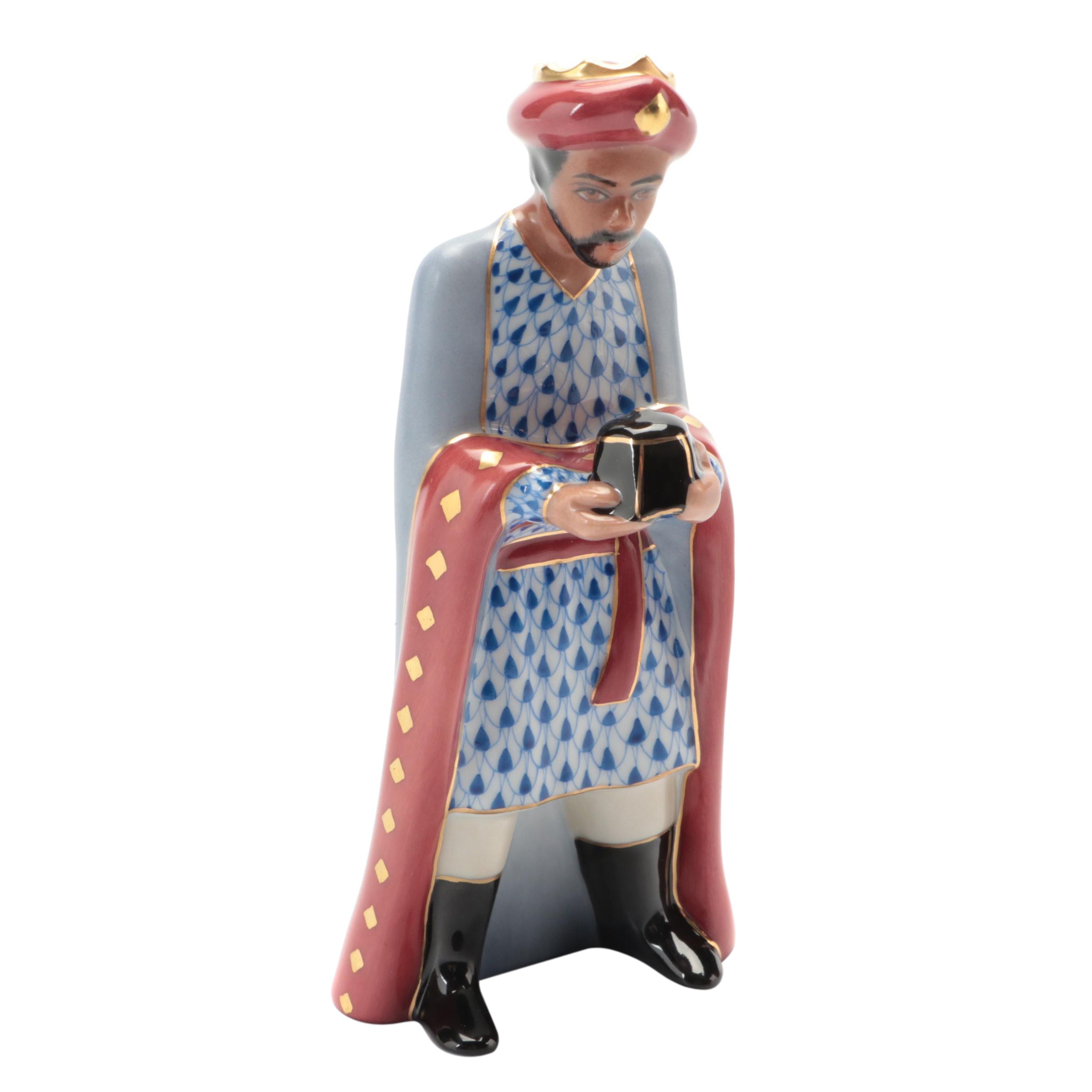 Herend Sapphire Fishnet with Gold "Balthazar" Nativity Porcelain Figurine