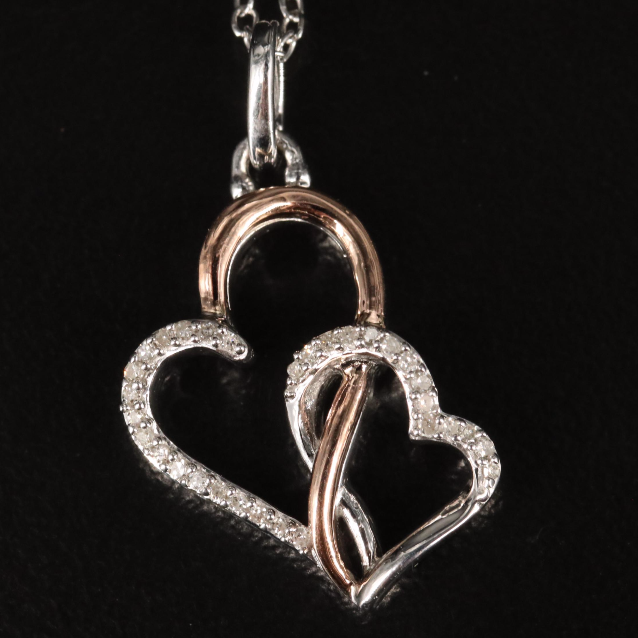 Sterling Diamond Double Open Heart Pendant Necklace featuring 14K Accent