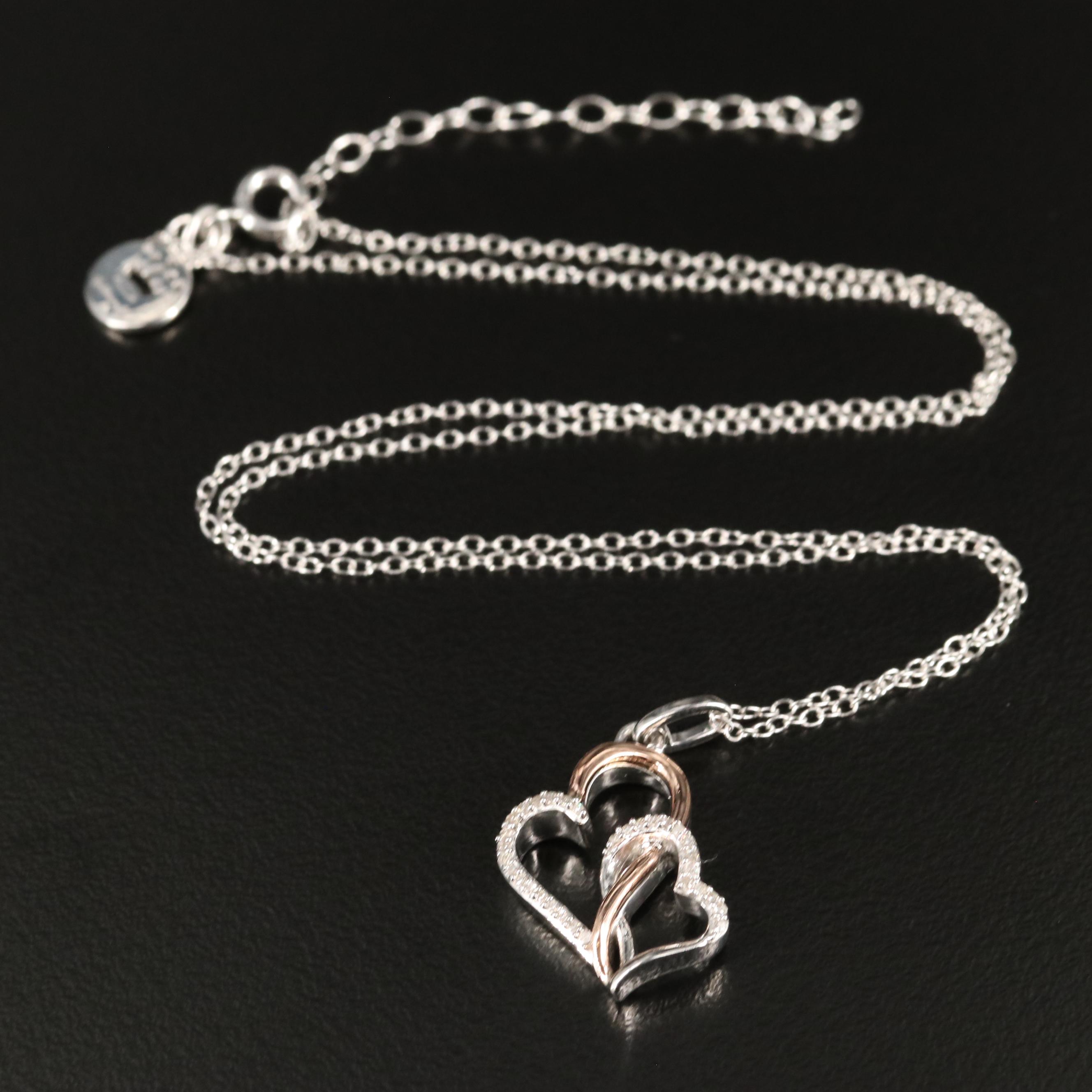 Sterling Diamond Double Open Heart Pendant Necklace featuring 14K Accent