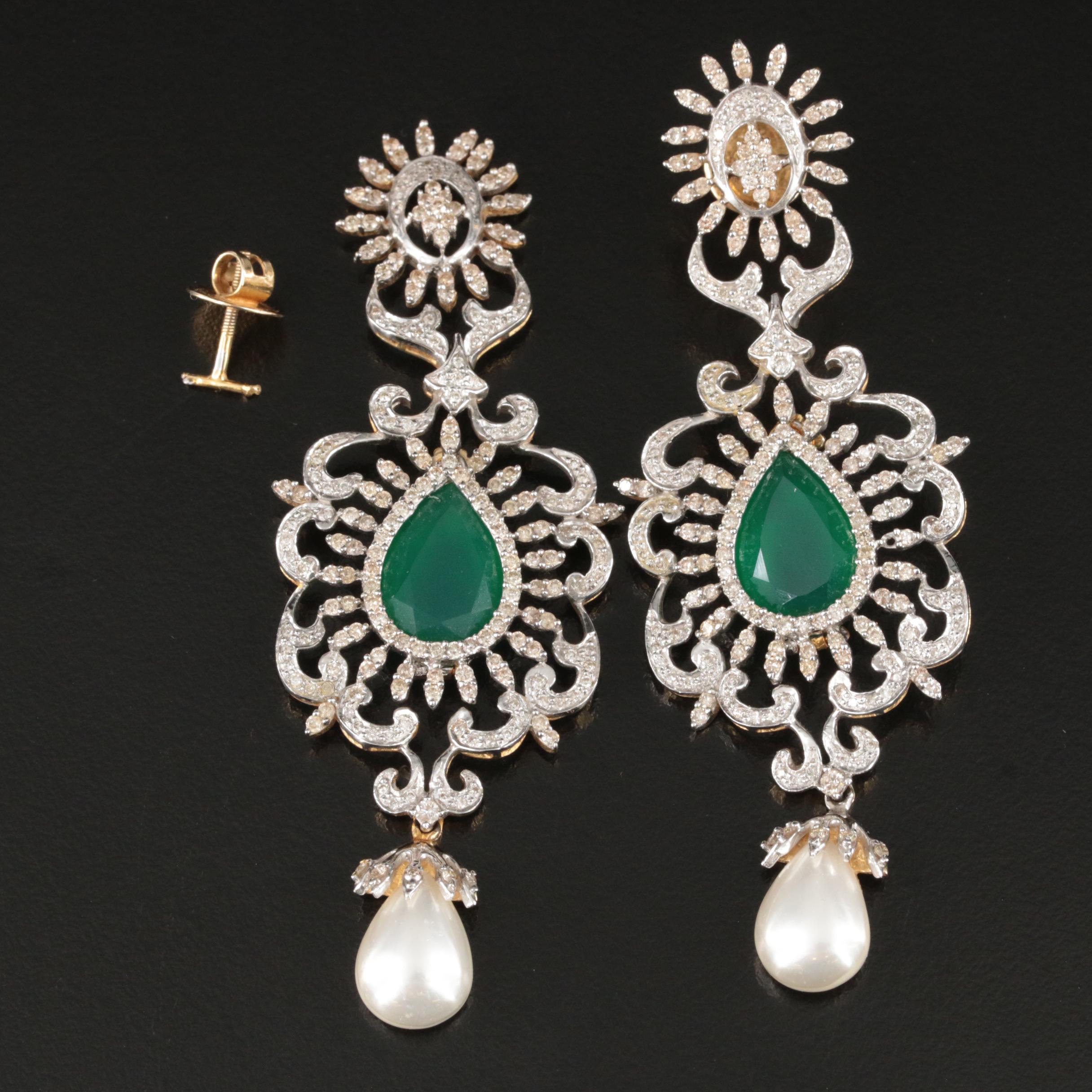 14K 4.15 CTW Diamond, Chalcedony and Imitation Pearl Earrings