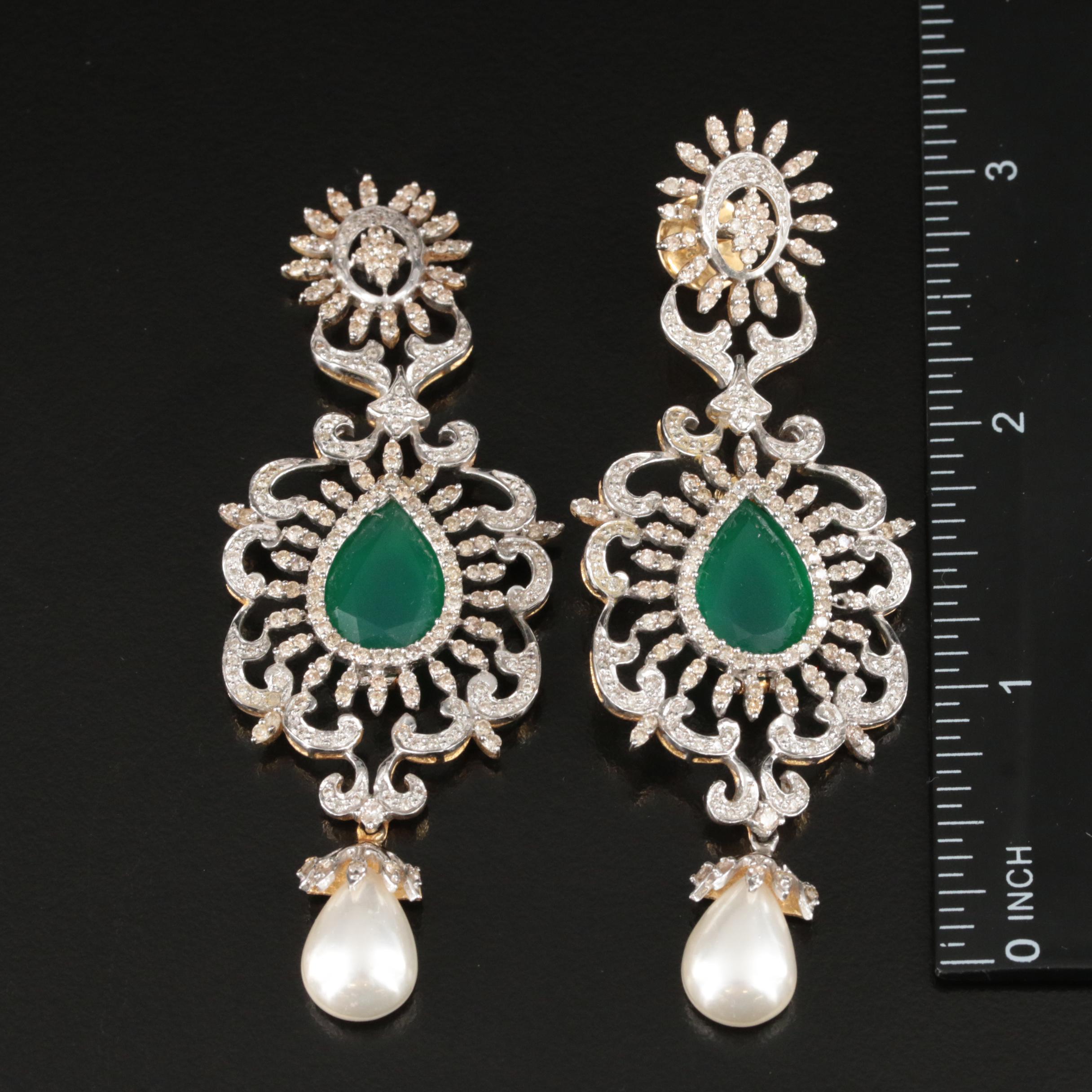 14K 4.15 CTW Diamond, Chalcedony and Imitation Pearl Earrings
