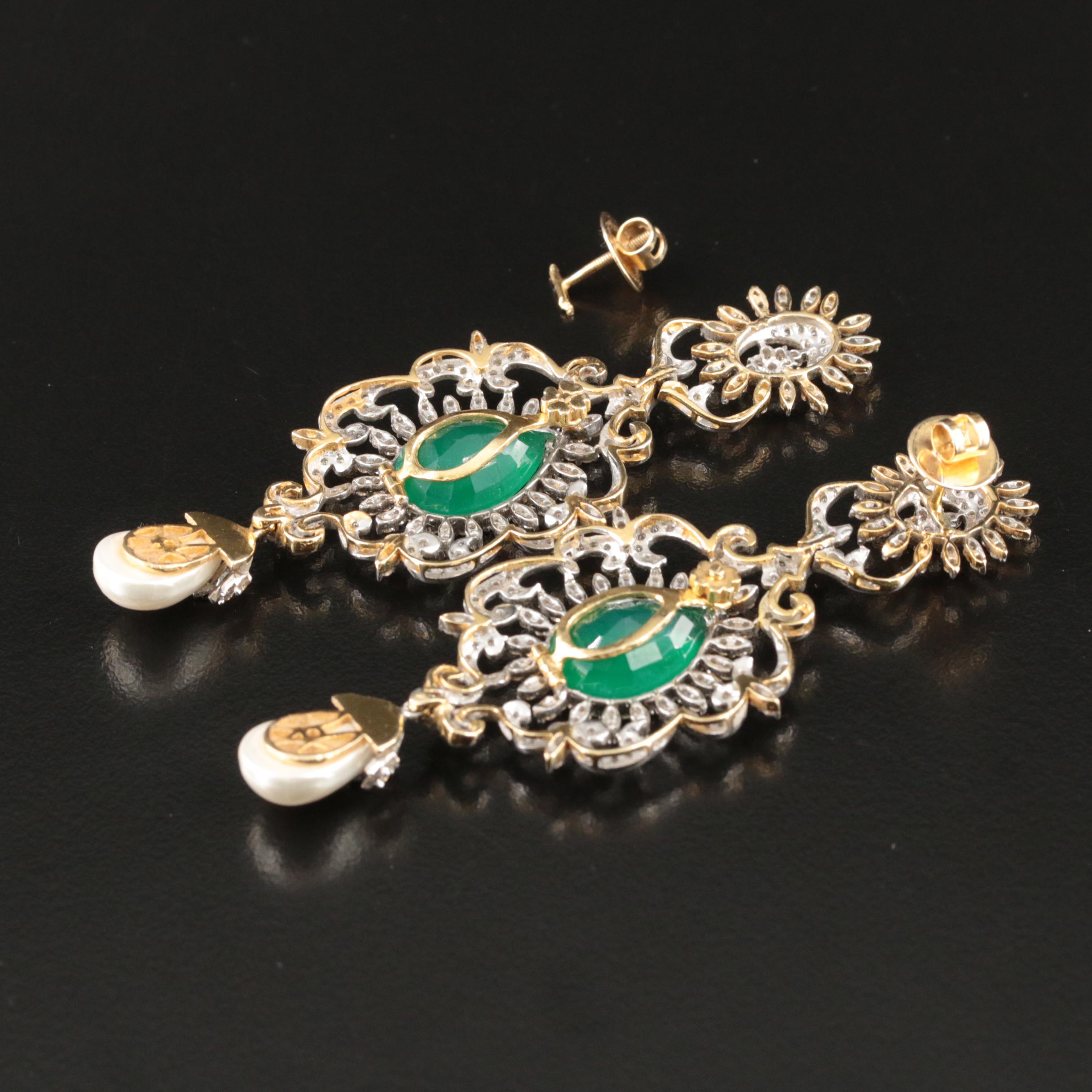 14K 4.15 CTW Diamond, Chalcedony and Imitation Pearl Earrings