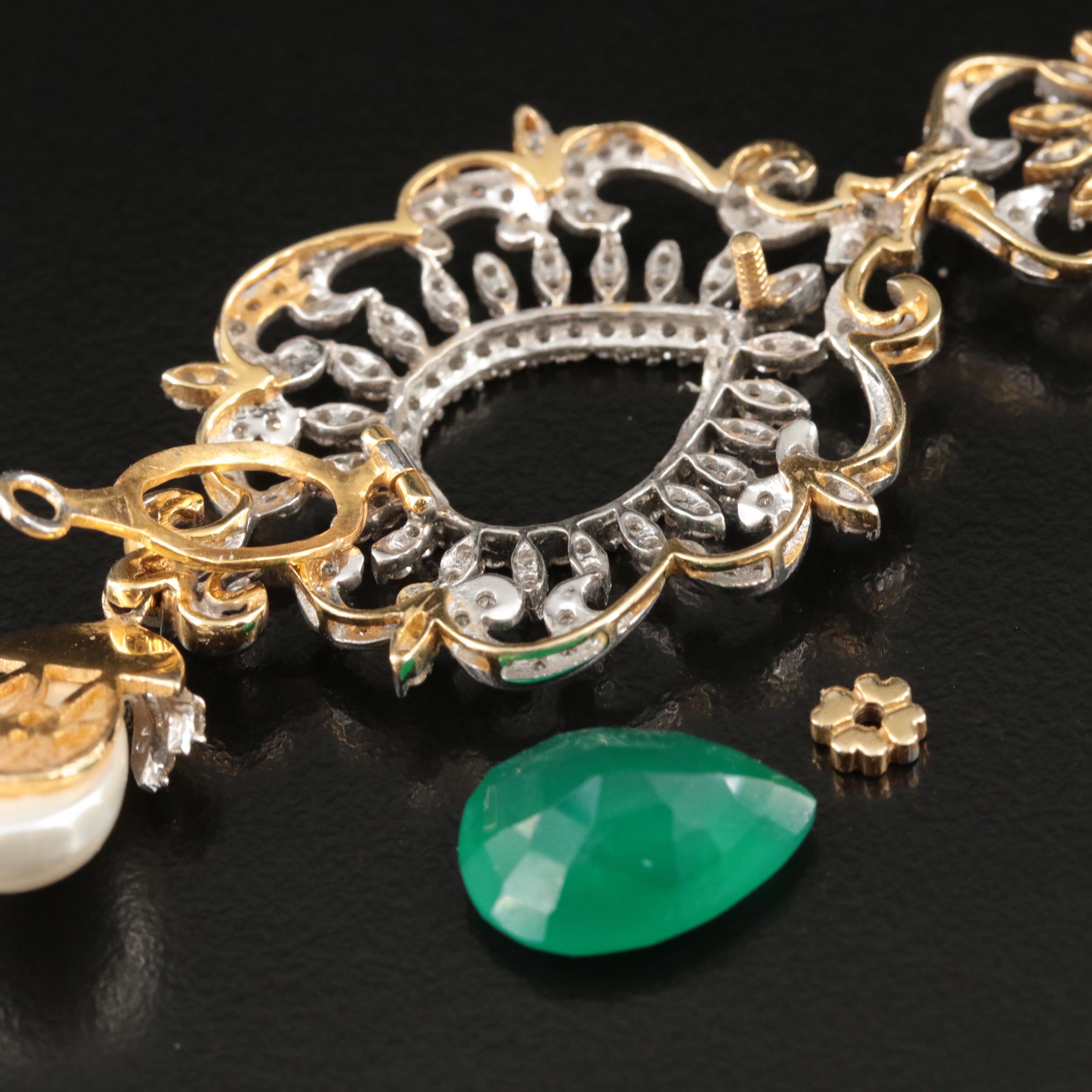 14K 4.15 CTW Diamond, Chalcedony and Imitation Pearl Earrings