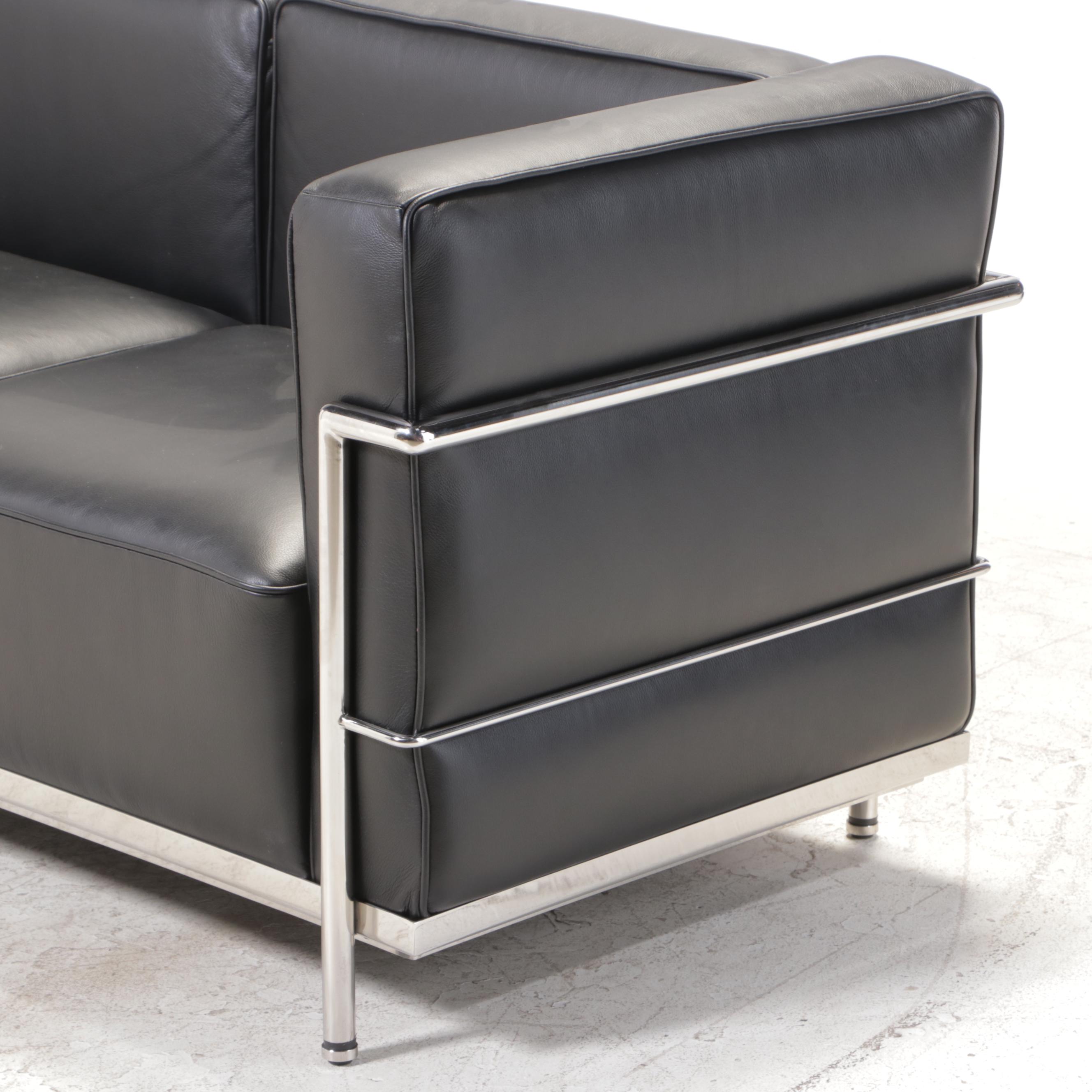 Black Leather and Chrome Sofa After Le Corbusier's Grande Model