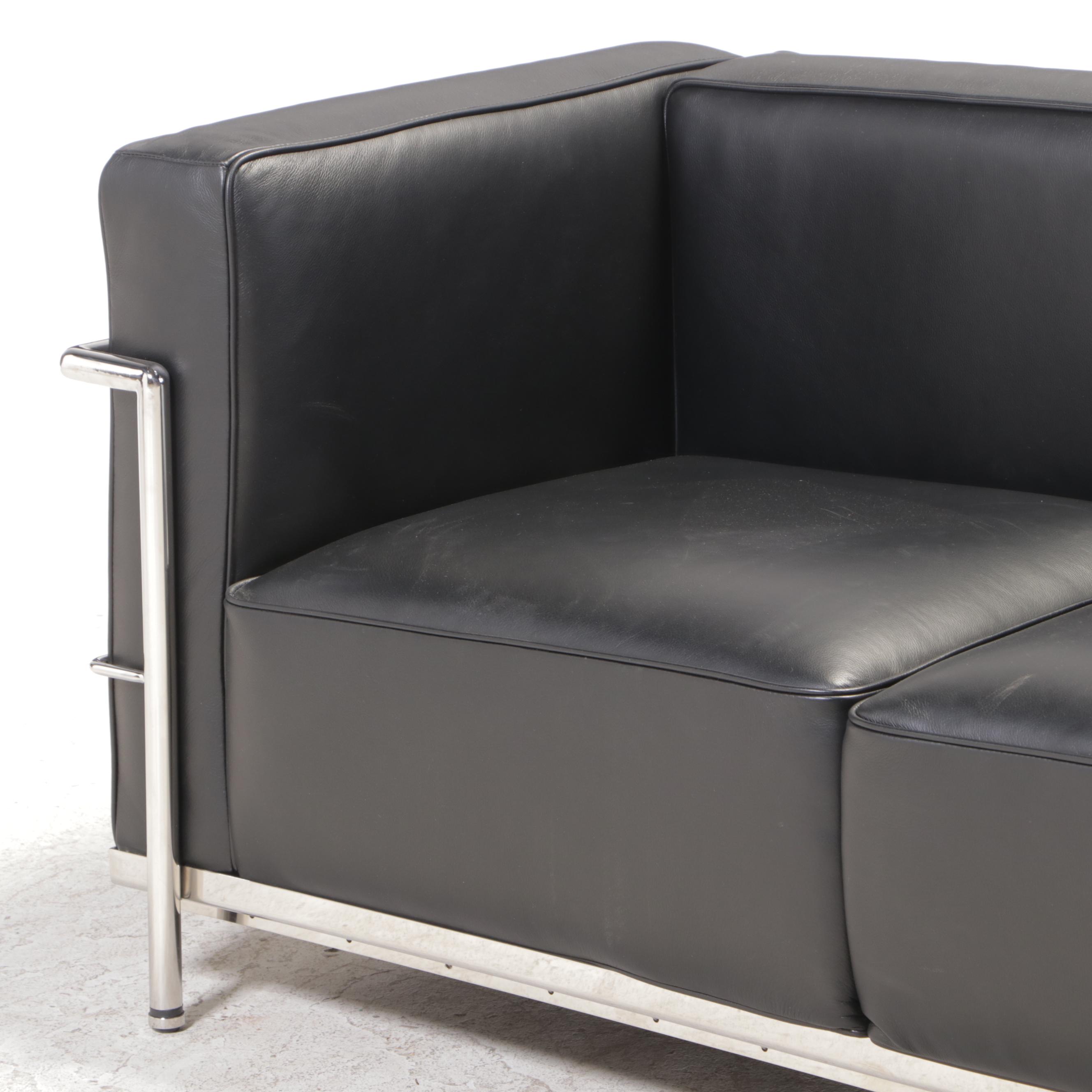 Black Leather and Chrome Sofa After Le Corbusier's Grande Model