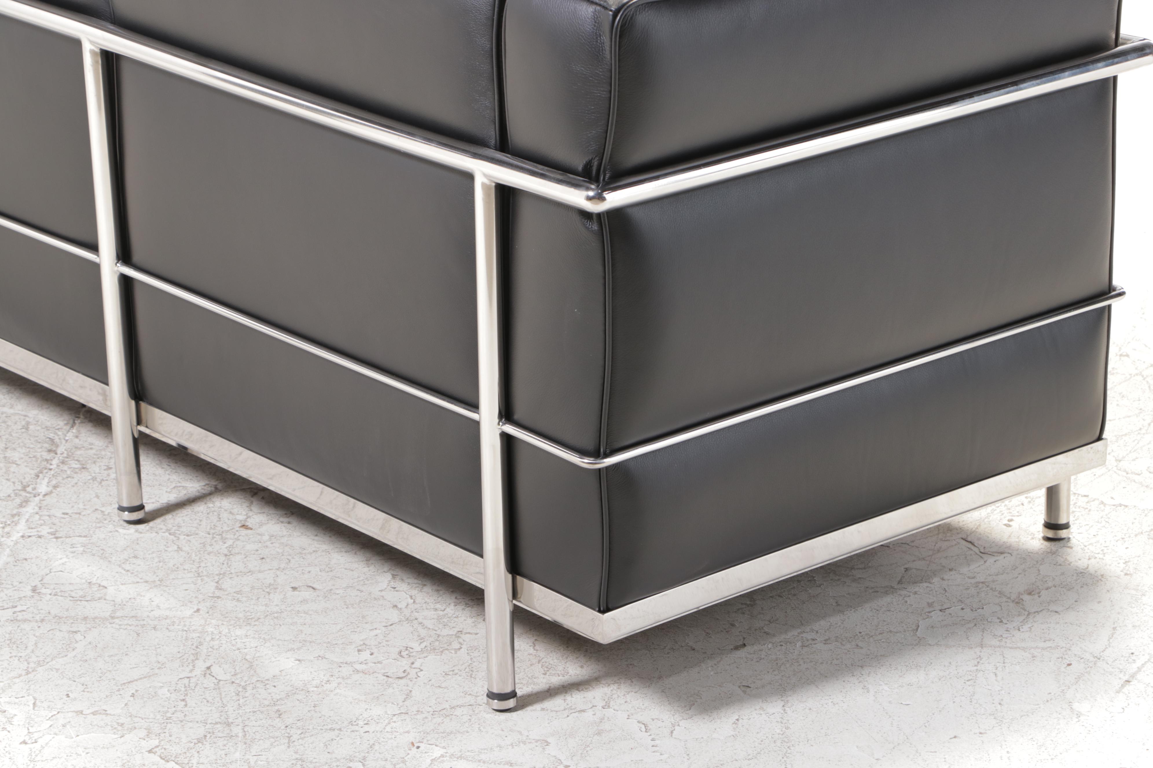 Black Leather and Chrome Sofa After Le Corbusier's Grande Model