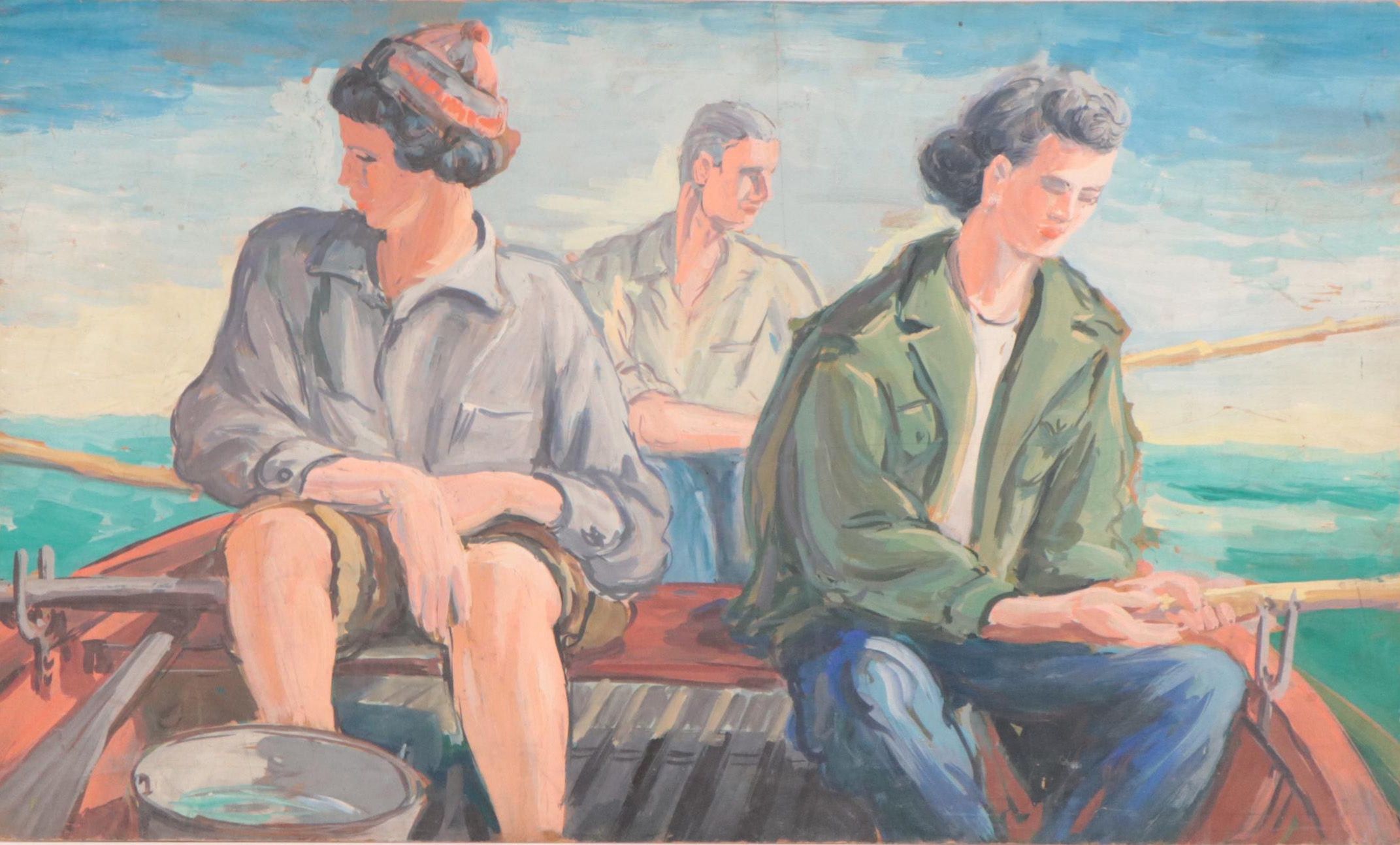 Dan Burne Jones Watercolor Painting of Figures on Boat