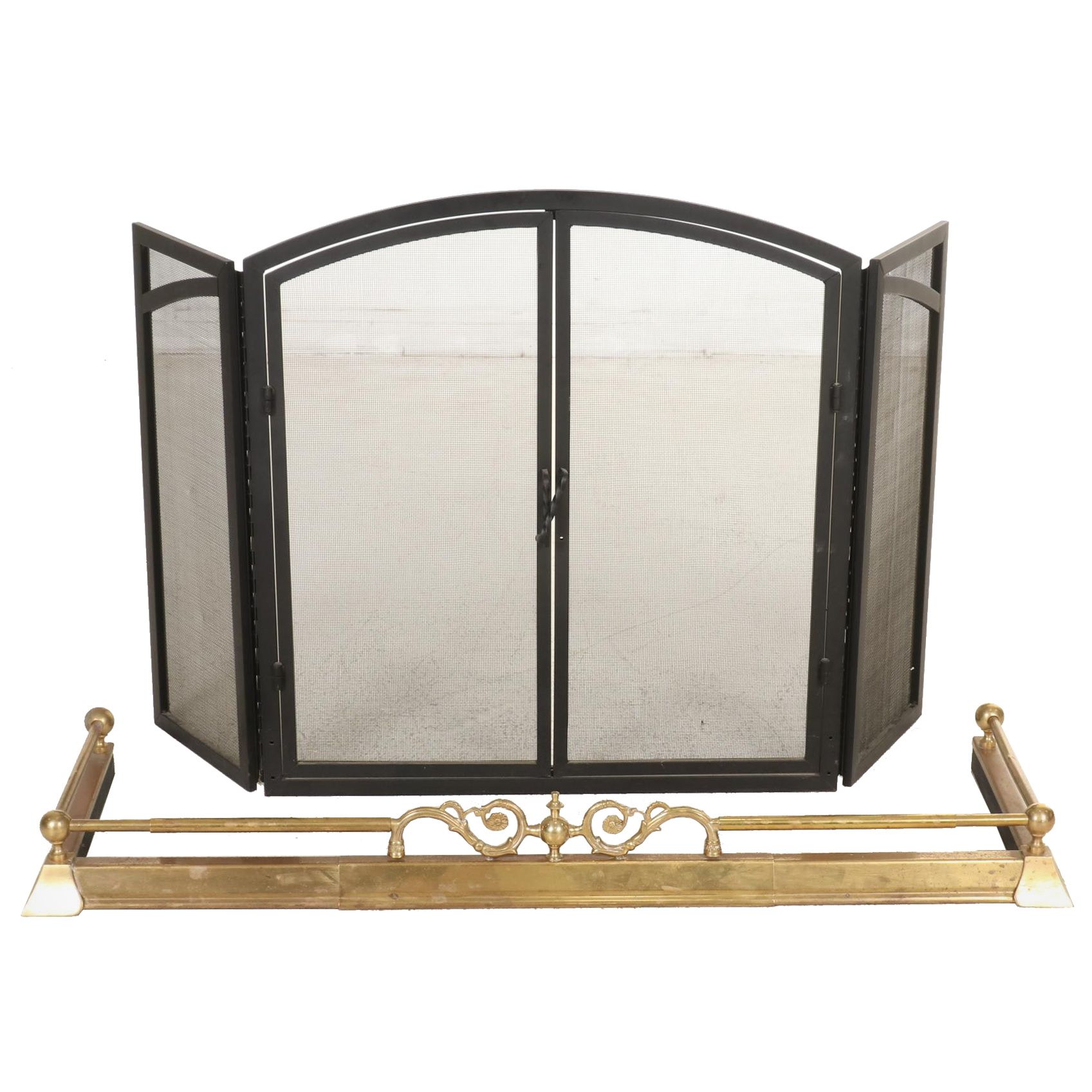 Brass Fire Fender with Folding Fireplace Screen EBTH