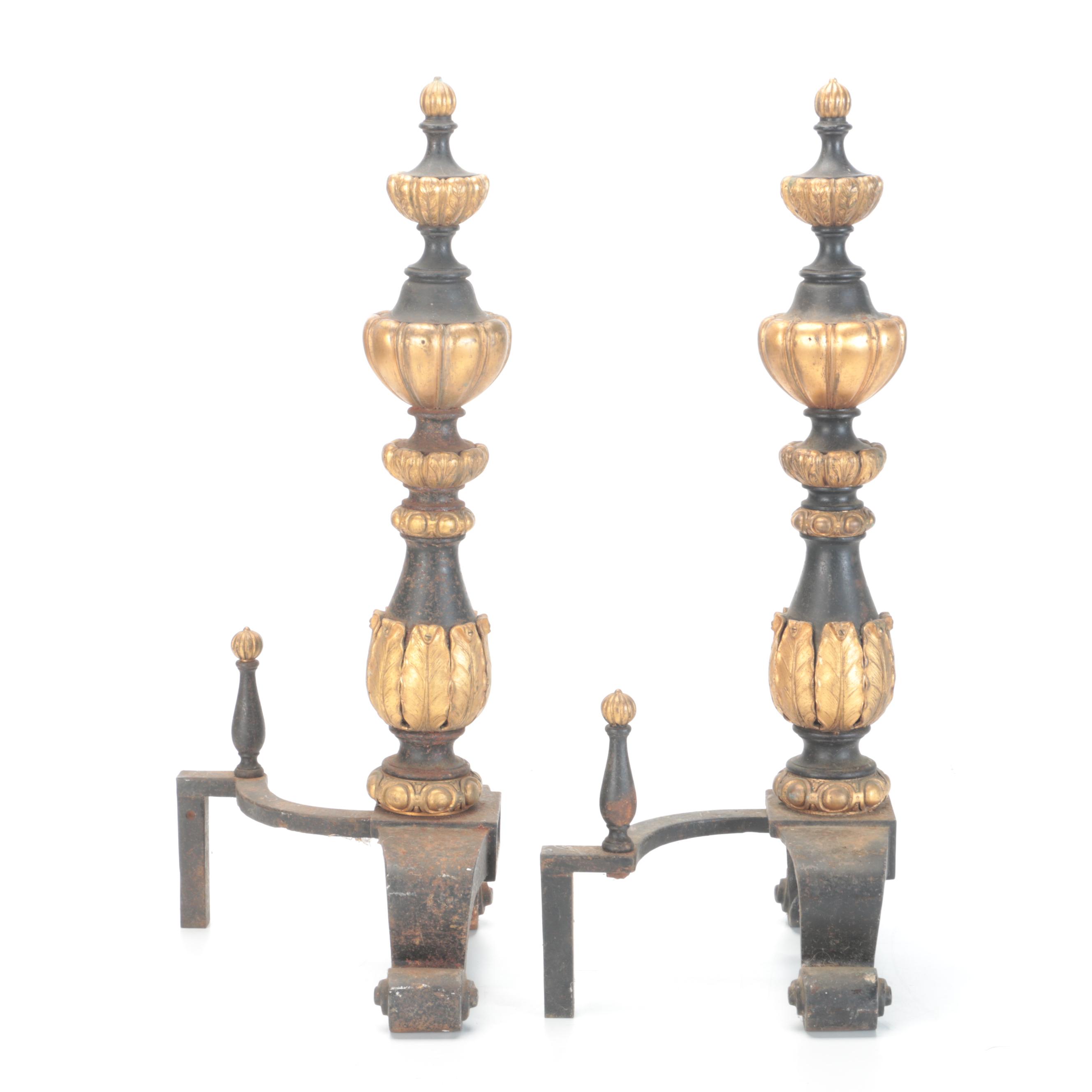French Restauration Style Parcel-Gilt Cast Iron Fireplace Andirons, 19th Century