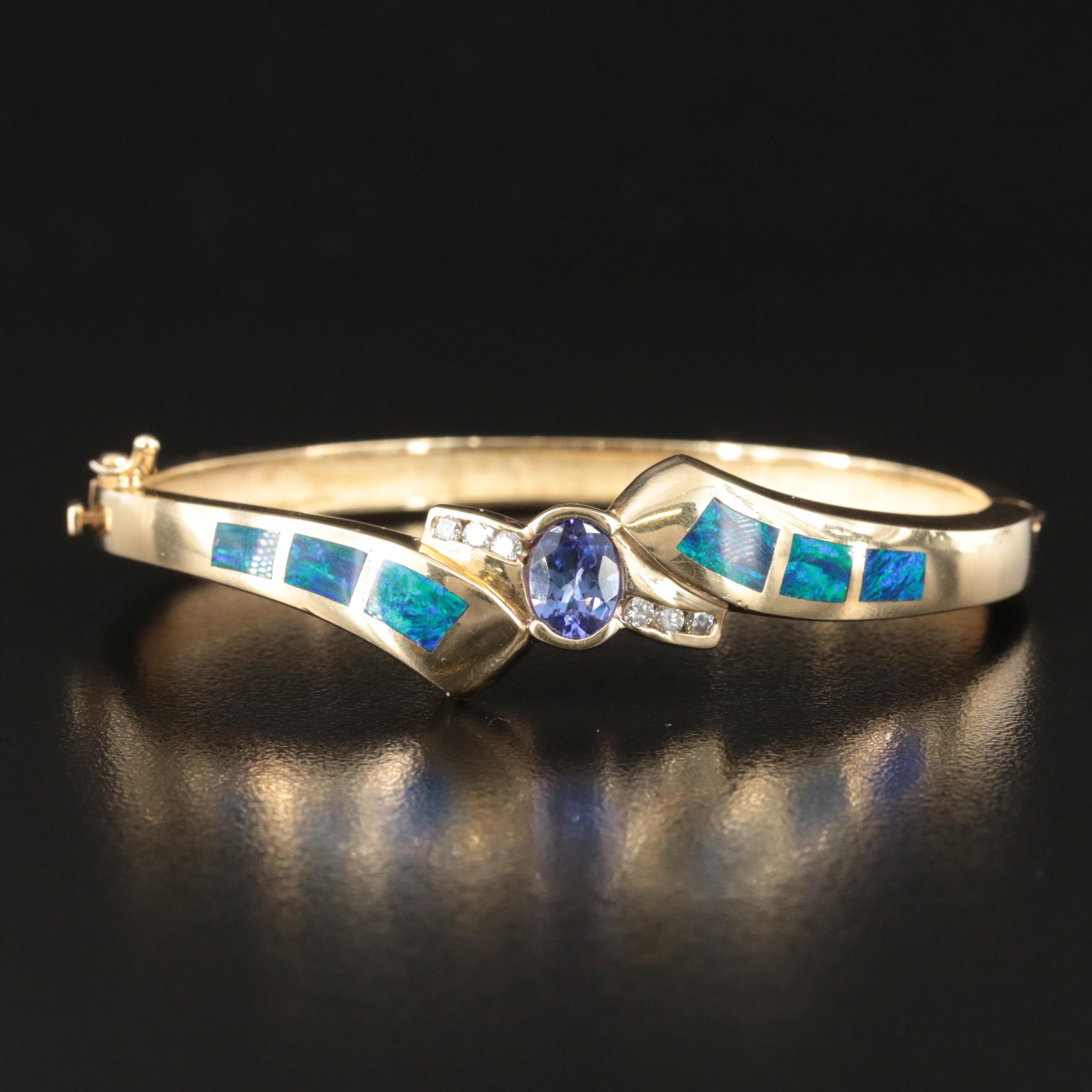 14K Tanzanite, Diamond and Oval Inlay Hinged Bangle