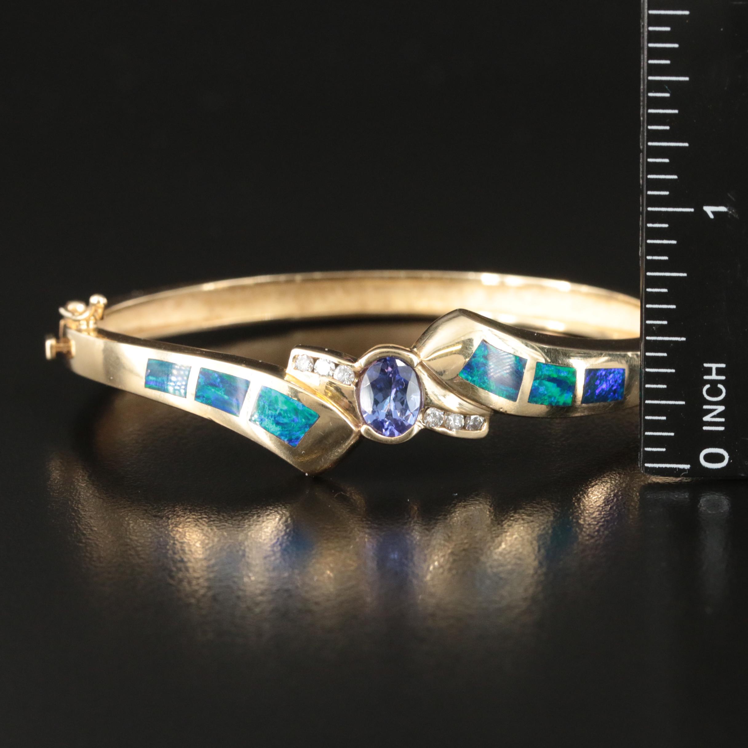 14K Tanzanite, Diamond and Oval Inlay Hinged Bangle