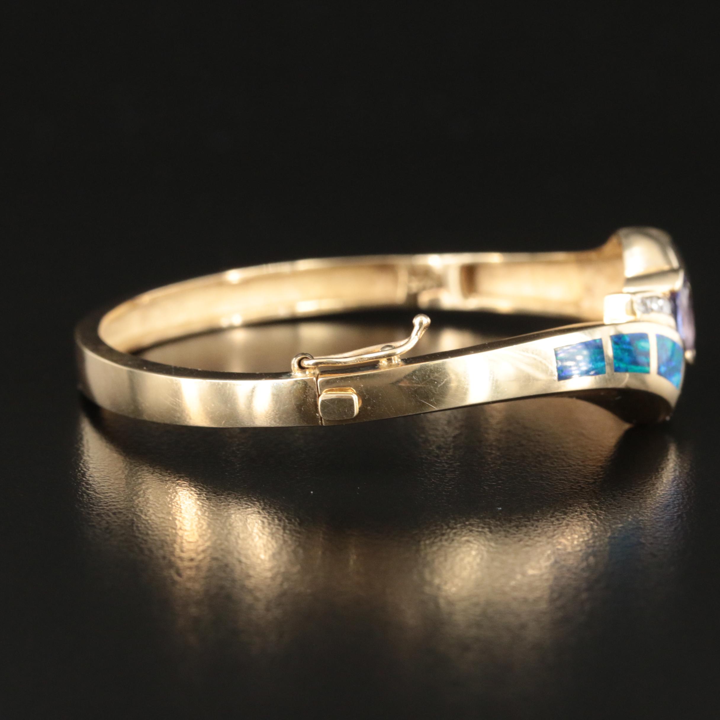 14K Tanzanite, Diamond and Oval Inlay Hinged Bangle