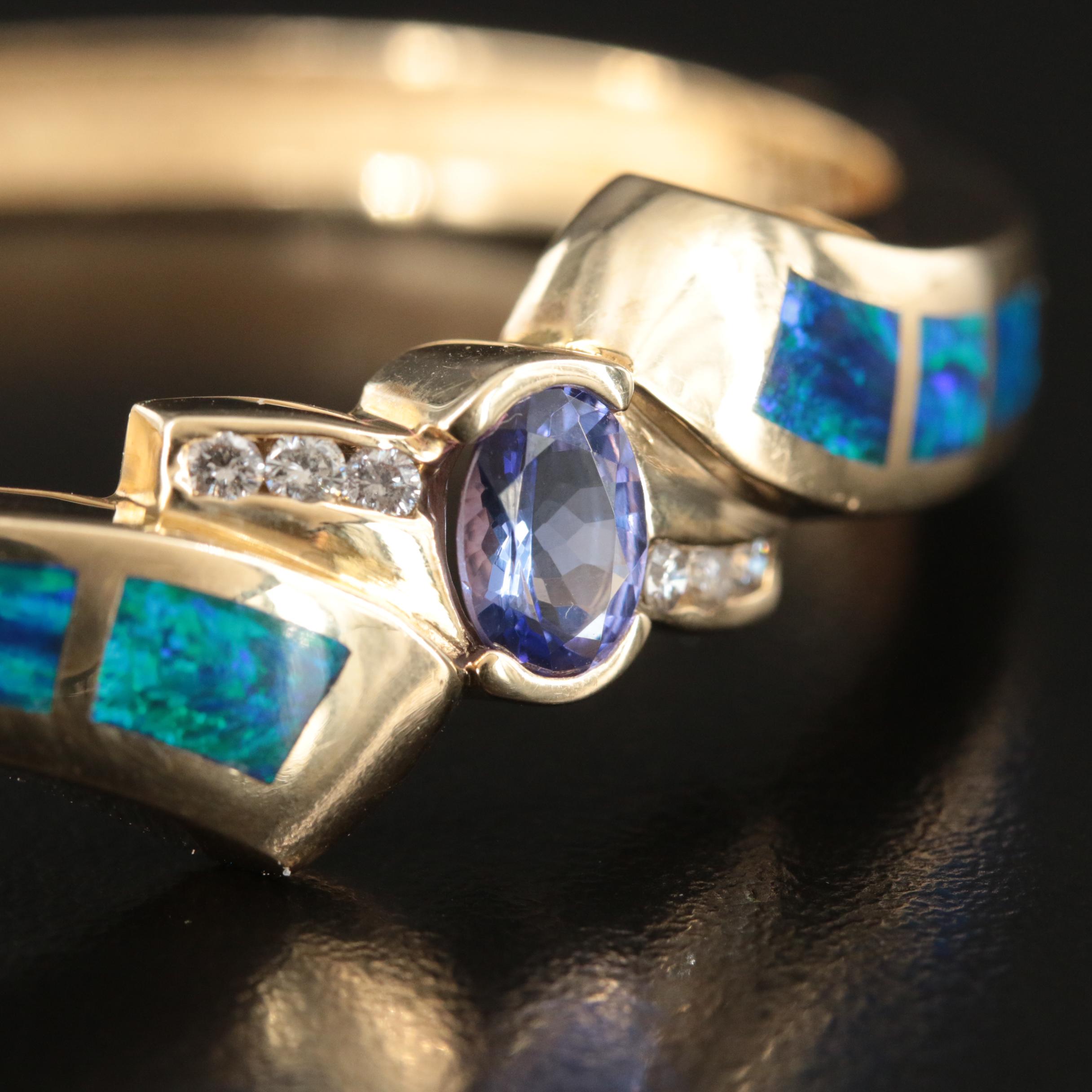 14K Tanzanite, Diamond and Oval Inlay Hinged Bangle