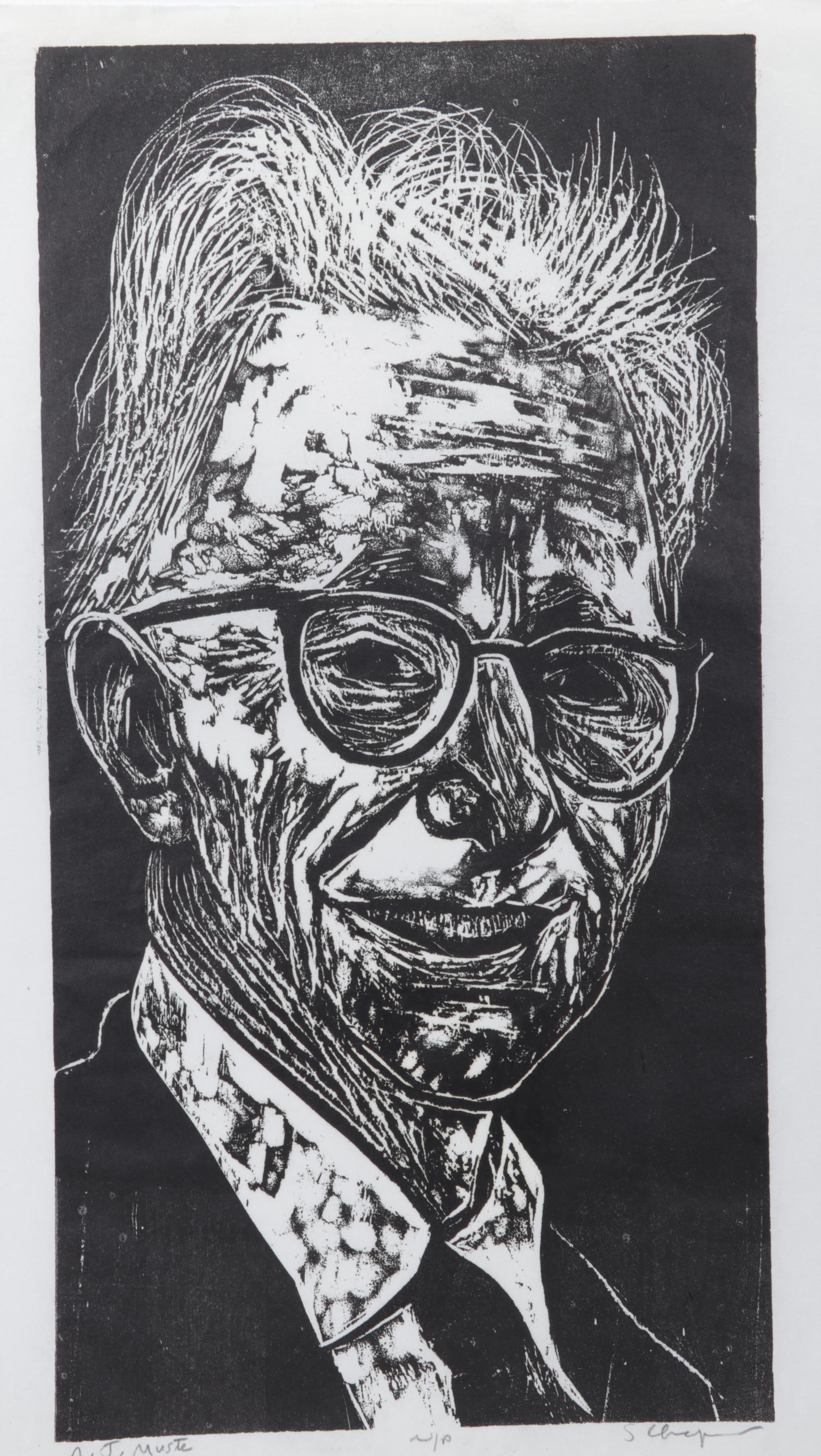 Sidney Chafetz Woodcut "A. J. Muste," 1967