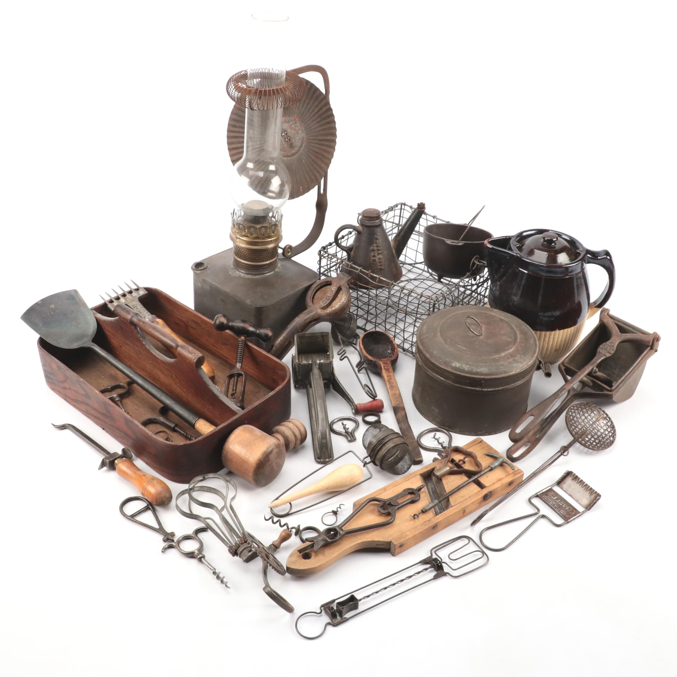 Tin Oil Lantern and Spice Box, Spice Jars with Tools and More