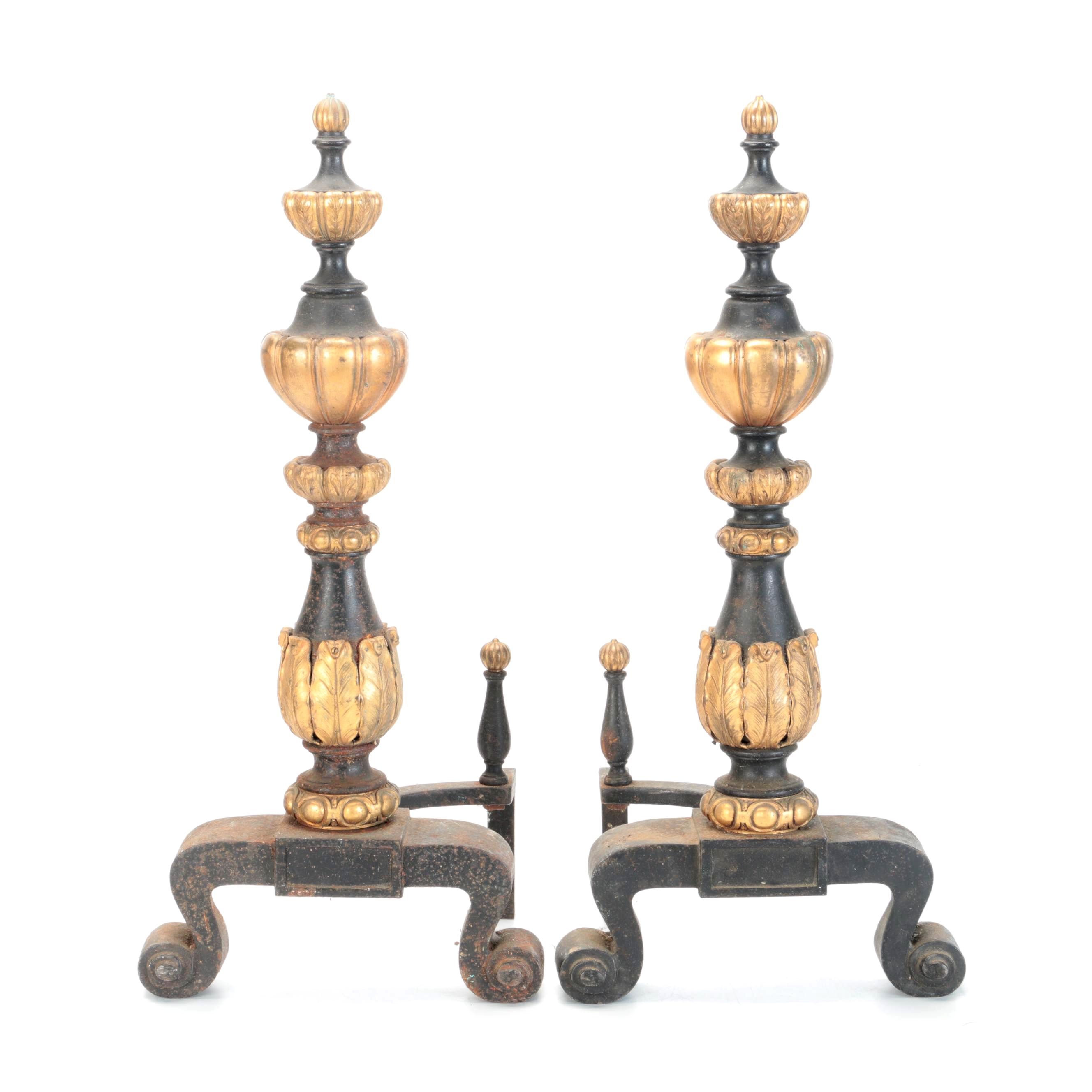 French Restauration Style Parcel-Gilt Cast Iron Fireplace Andirons, 19th Century