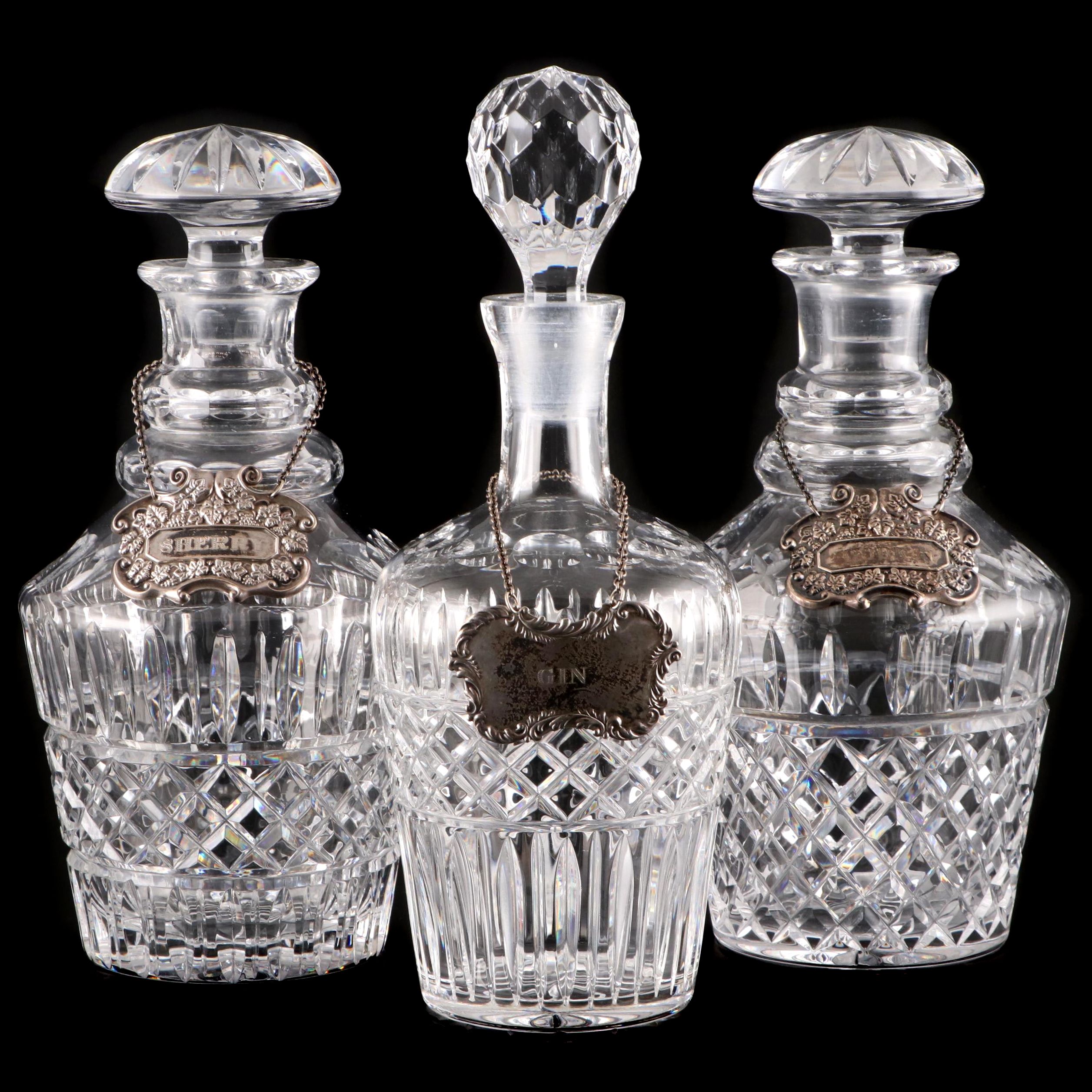 Crystal Liquor Decanters with Sterling Silver Labels