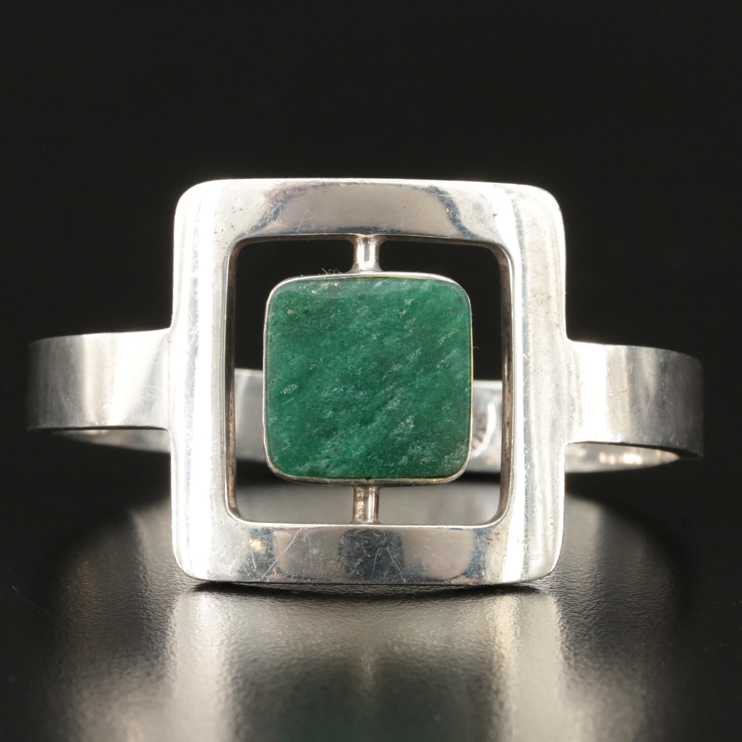 Vintage Taxco Modernist Sterling Aventurine Hinged Bracelet