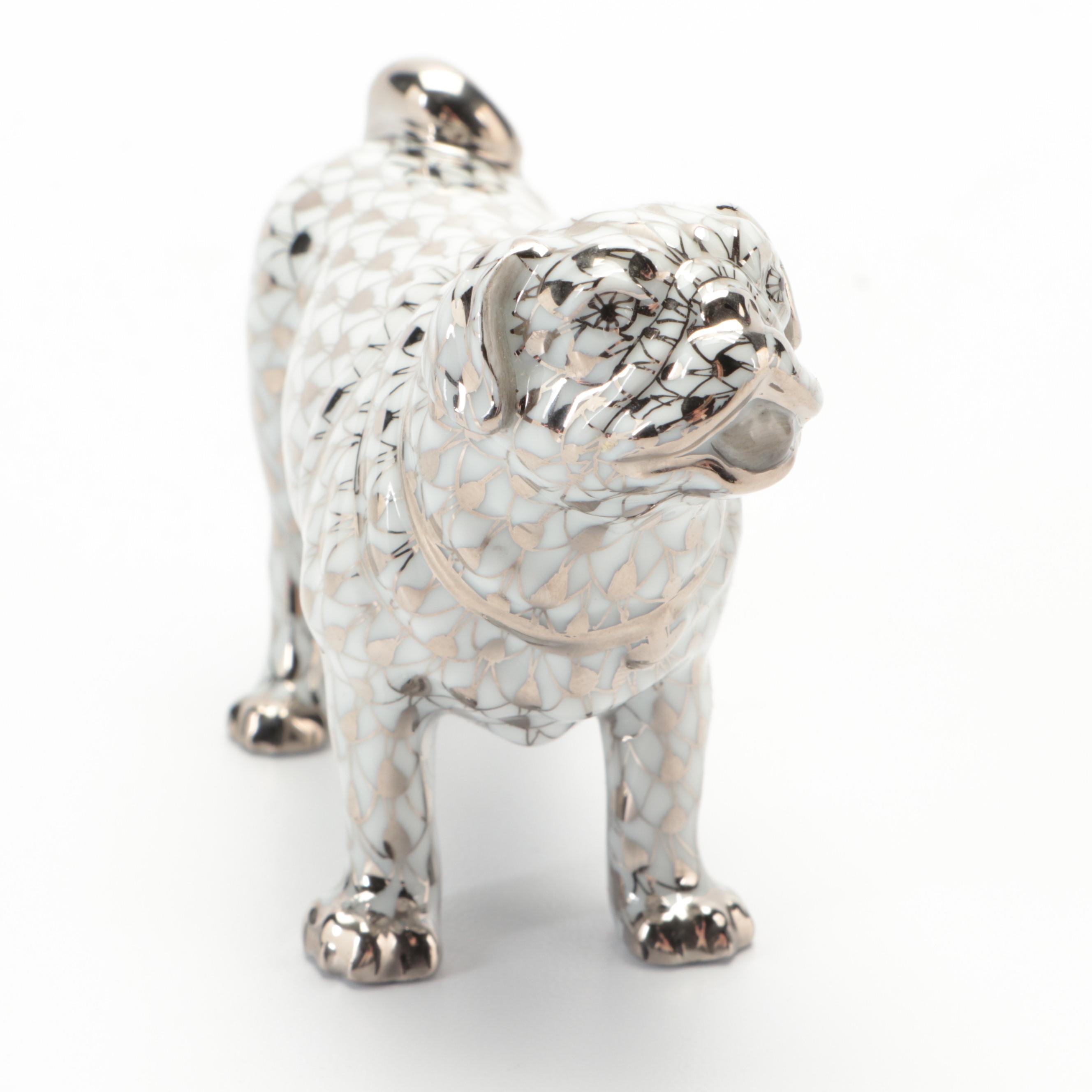 Herend "Pug Lola" Platinum Fishnet Porcelain Figurine