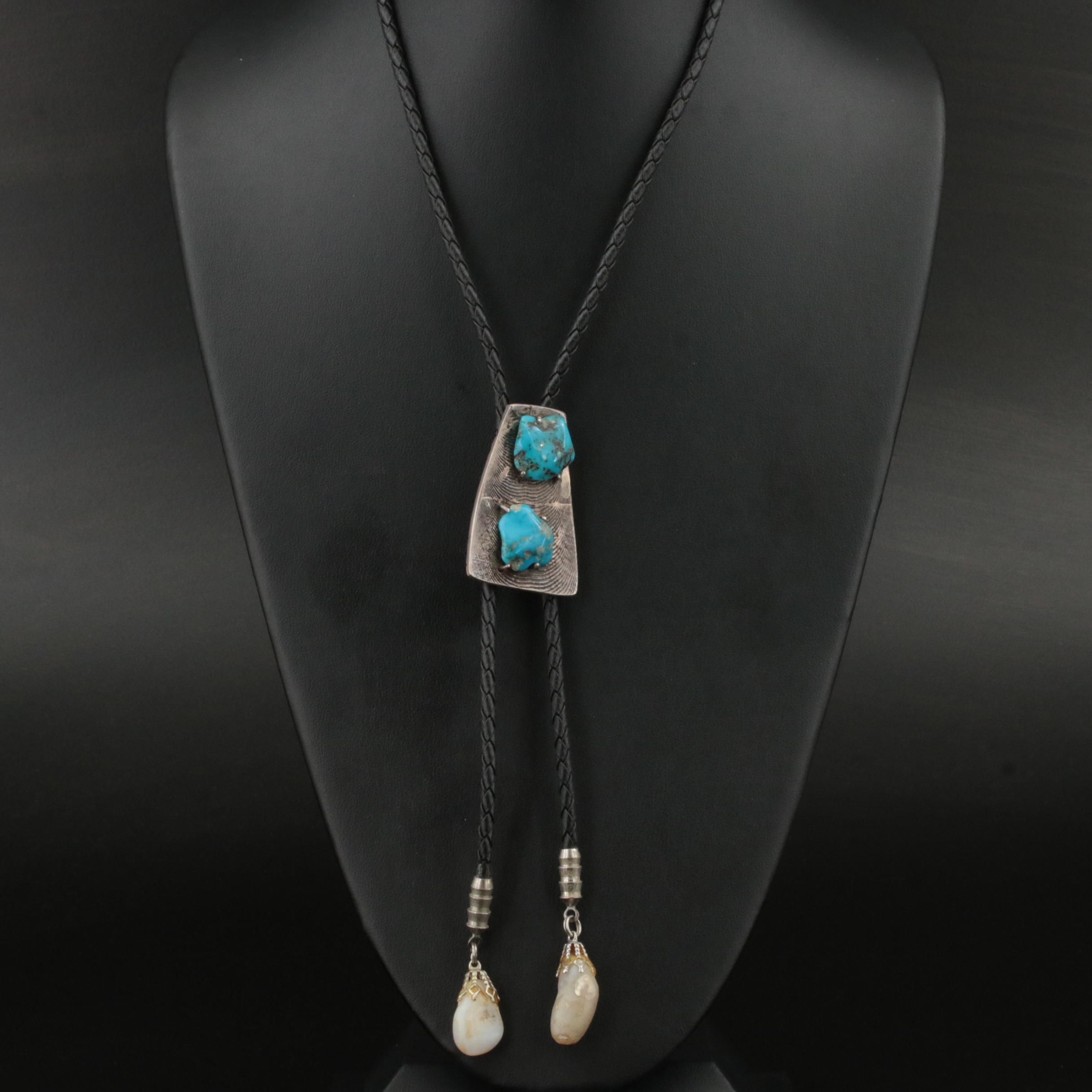 Southwestern Style Sterling Turquoise and Agate Bolo Tie