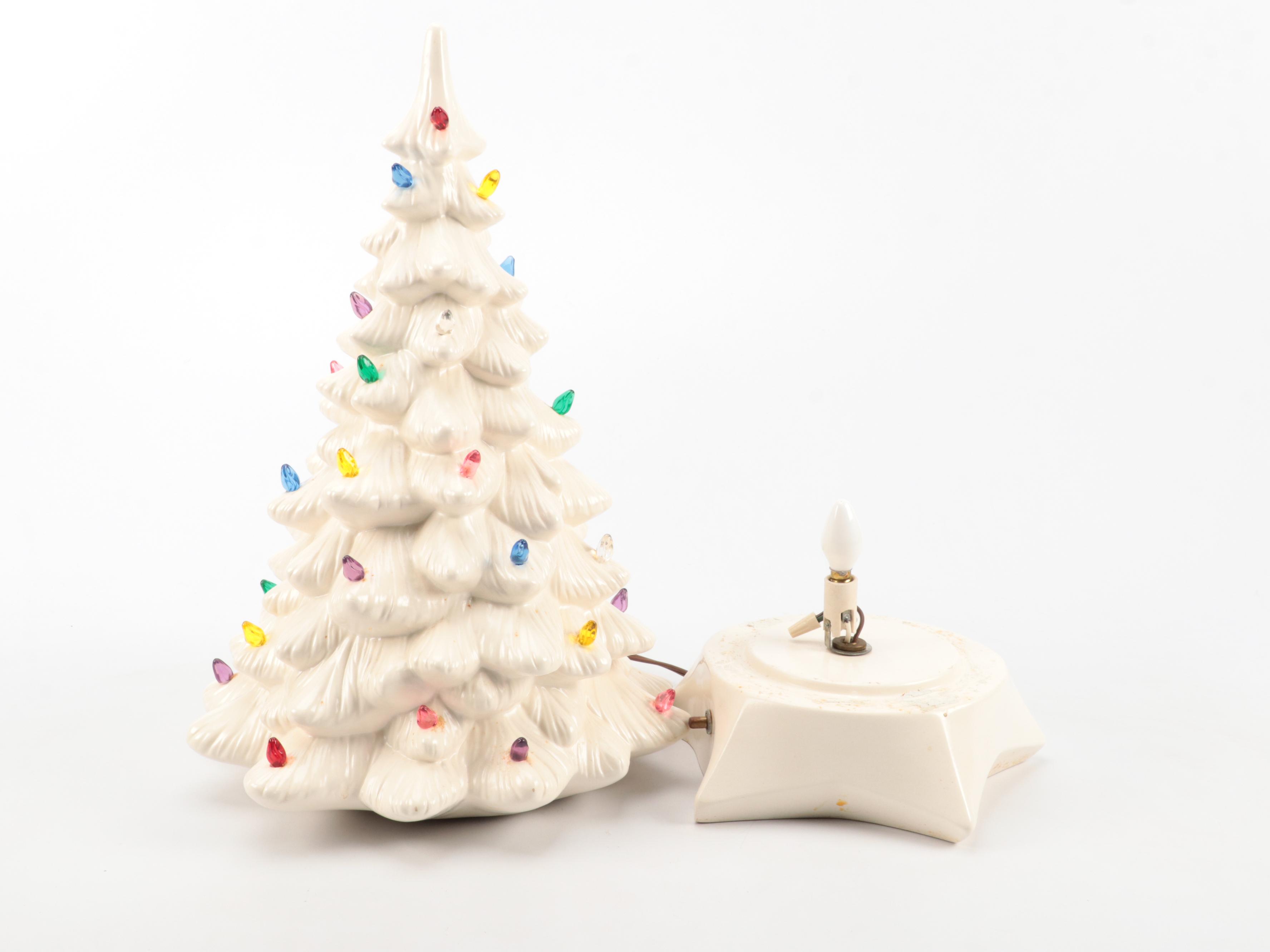 White Illuminated Table Top Christmas Tree with Ornaments and Nodder Figurines