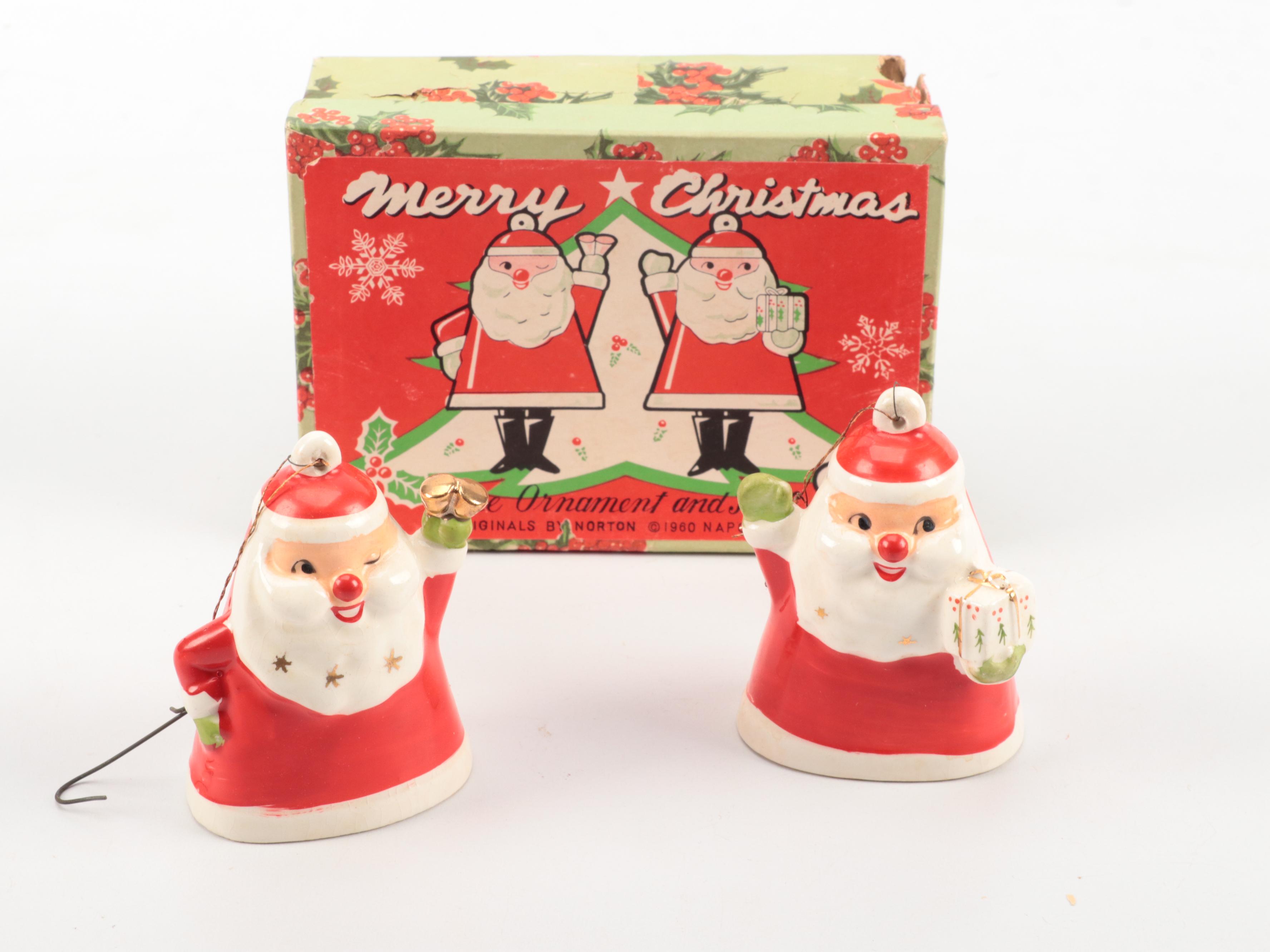 White Illuminated Table Top Christmas Tree with Ornaments and Nodder Figurines