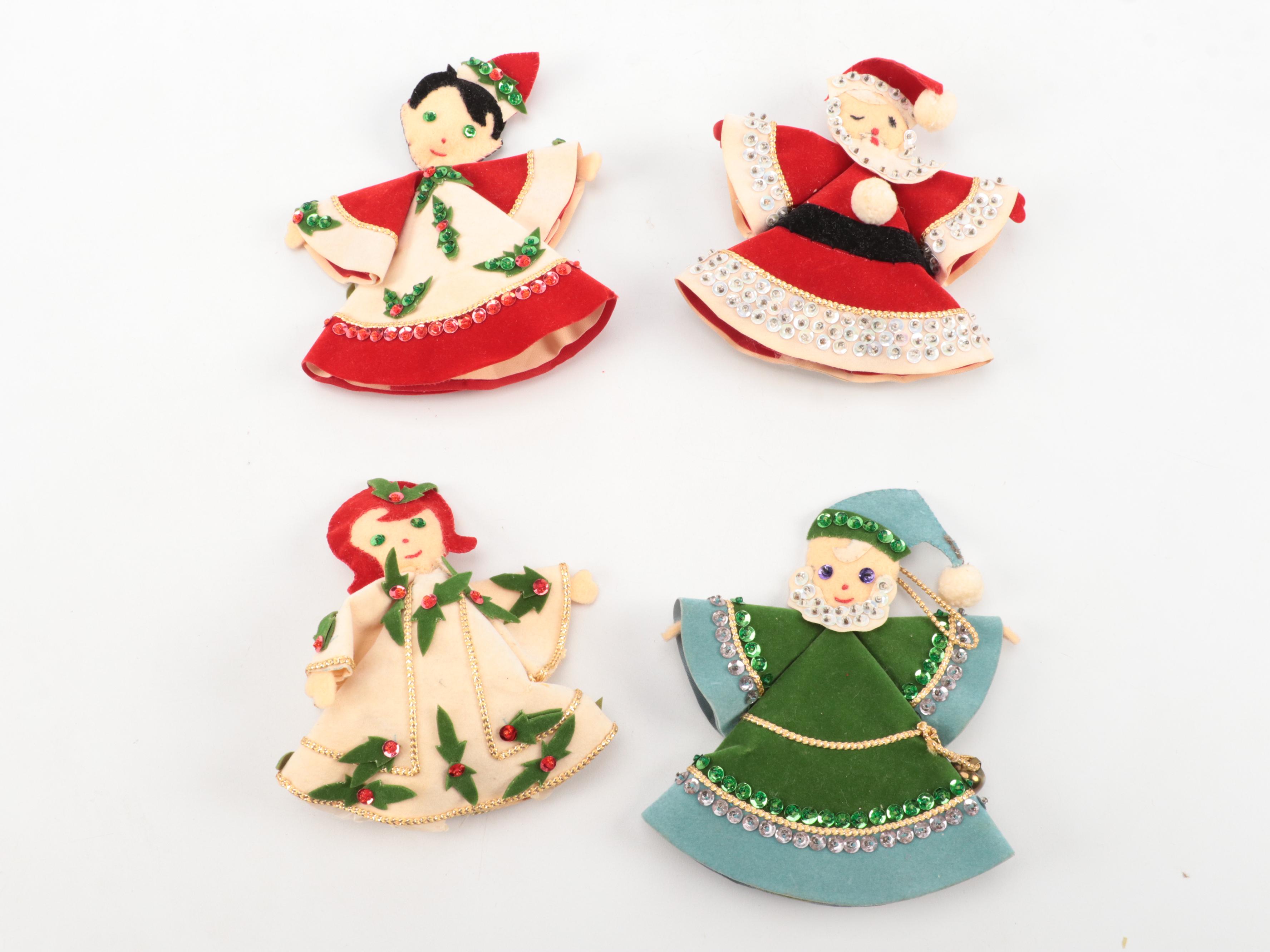 White Illuminated Table Top Christmas Tree with Ornaments and Nodder Figurines