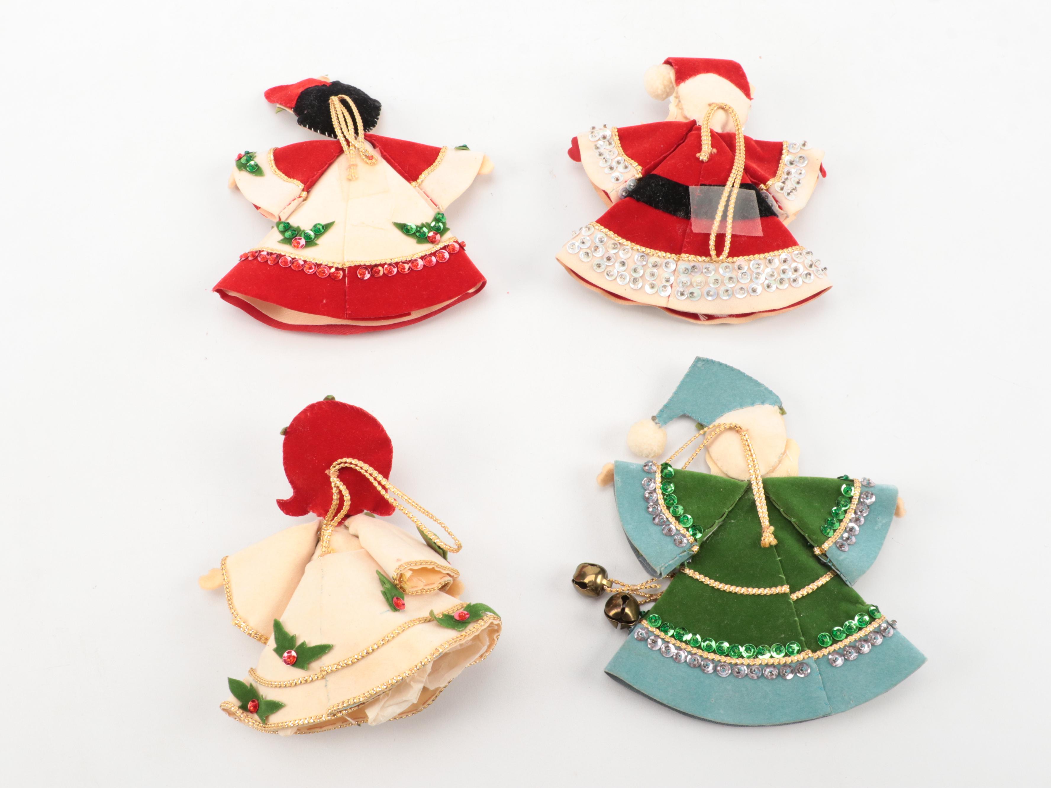 White Illuminated Table Top Christmas Tree with Ornaments and Nodder Figurines