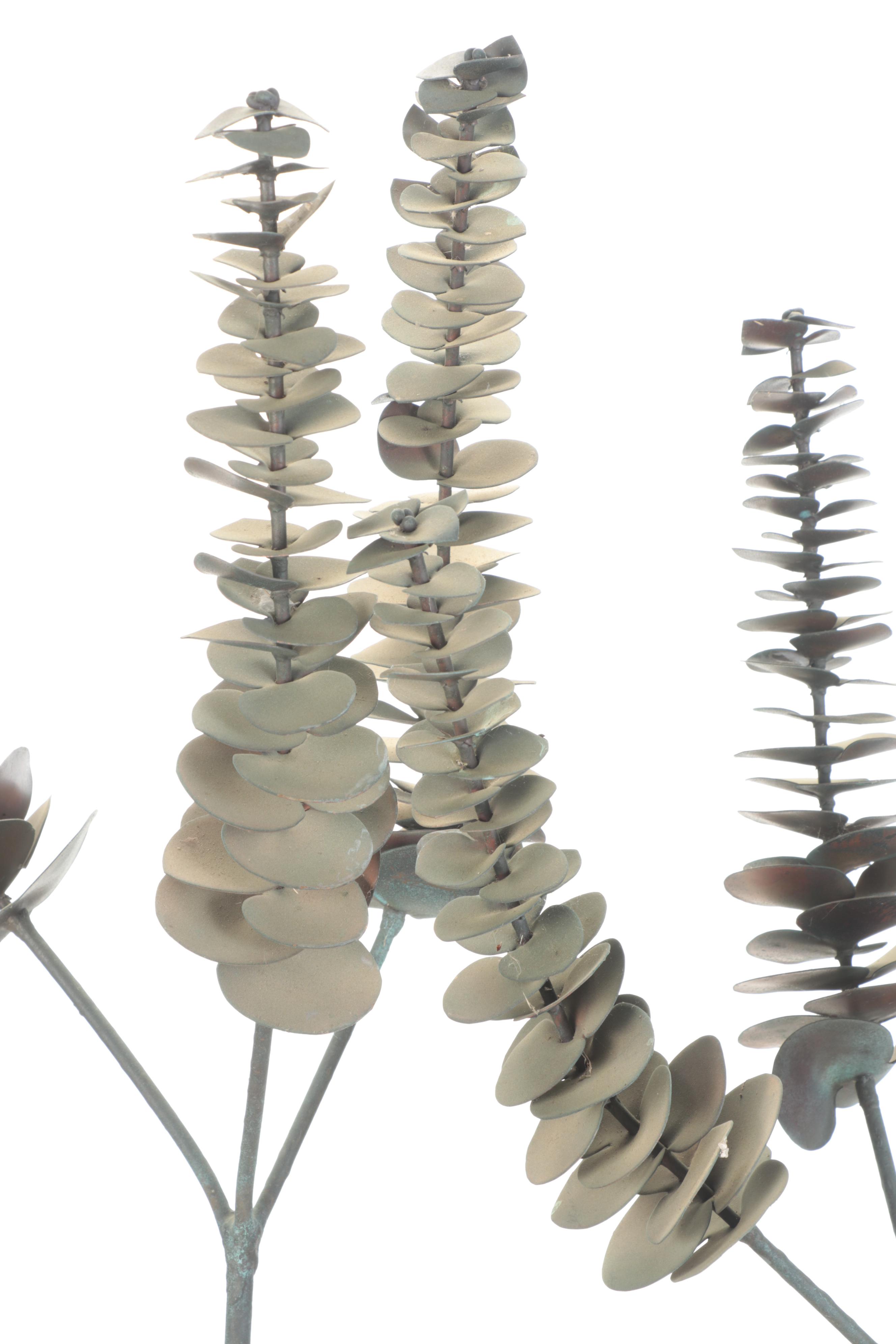 Modern Verdigris Patinated Metal Eucalyptus Sculpture on a Rock Base