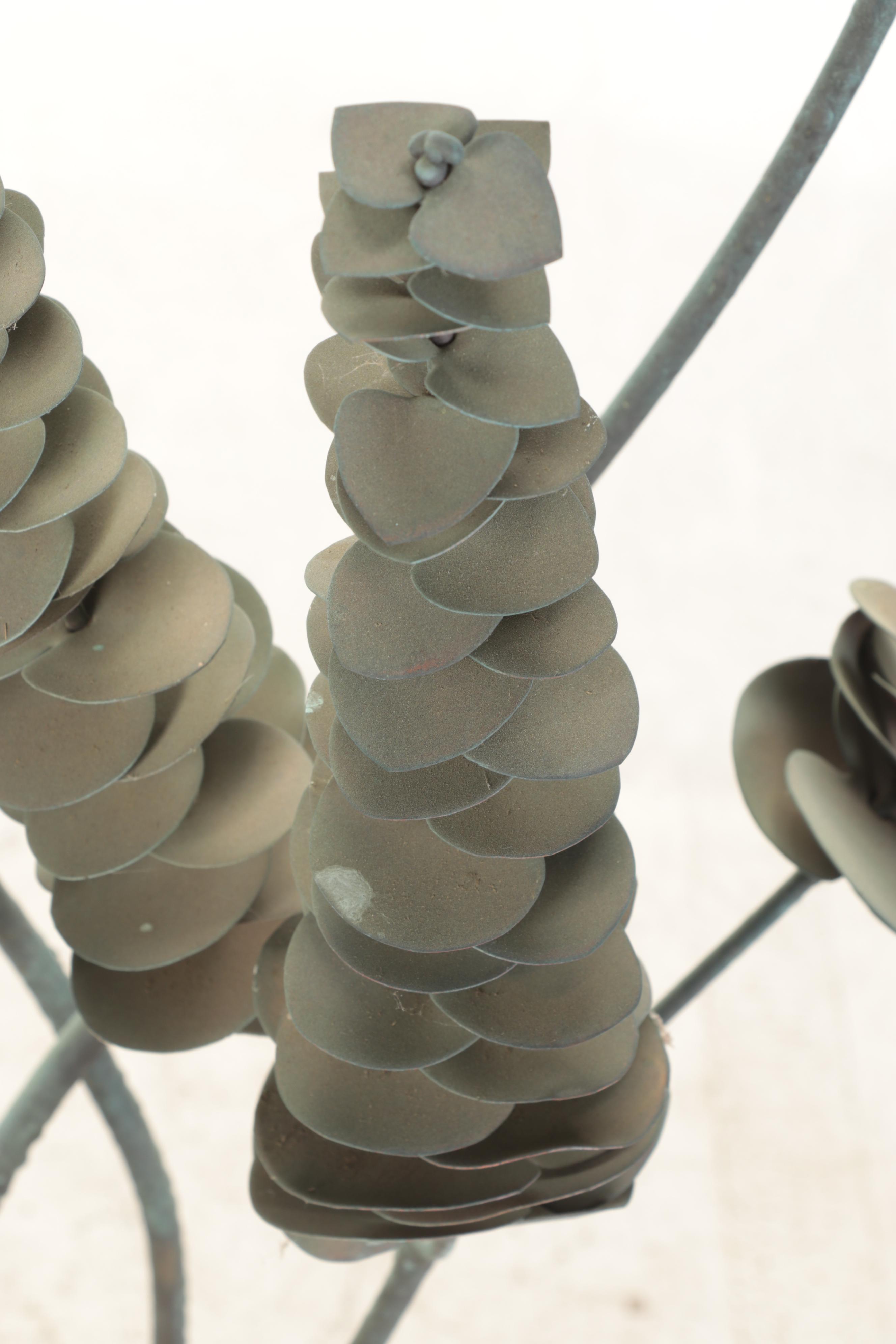 Modern Verdigris Patinated Metal Eucalyptus Sculpture on a Rock Base