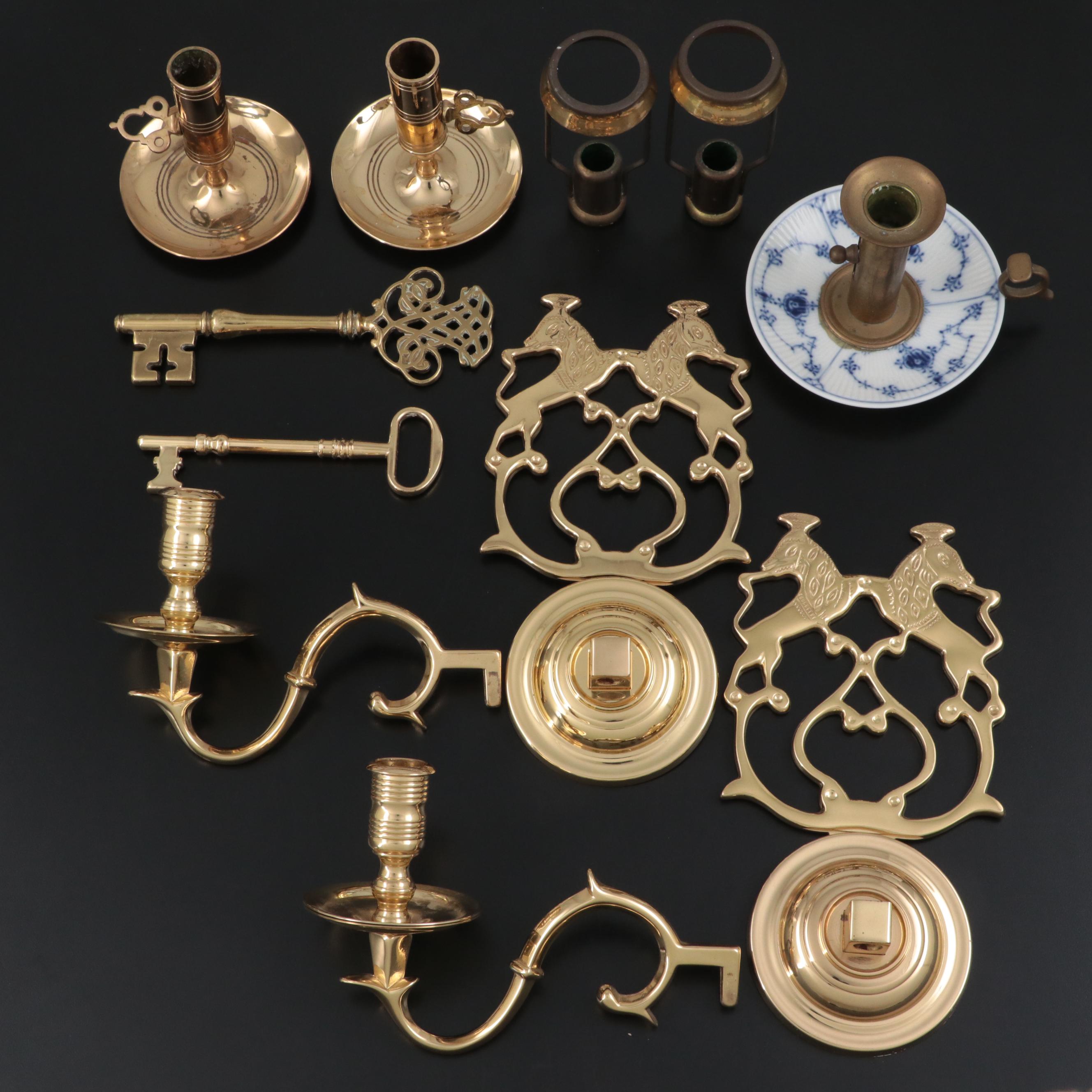 Baldwin Brass Candle Sconces and Chambersticks With Royal Copenhagen Candlestick