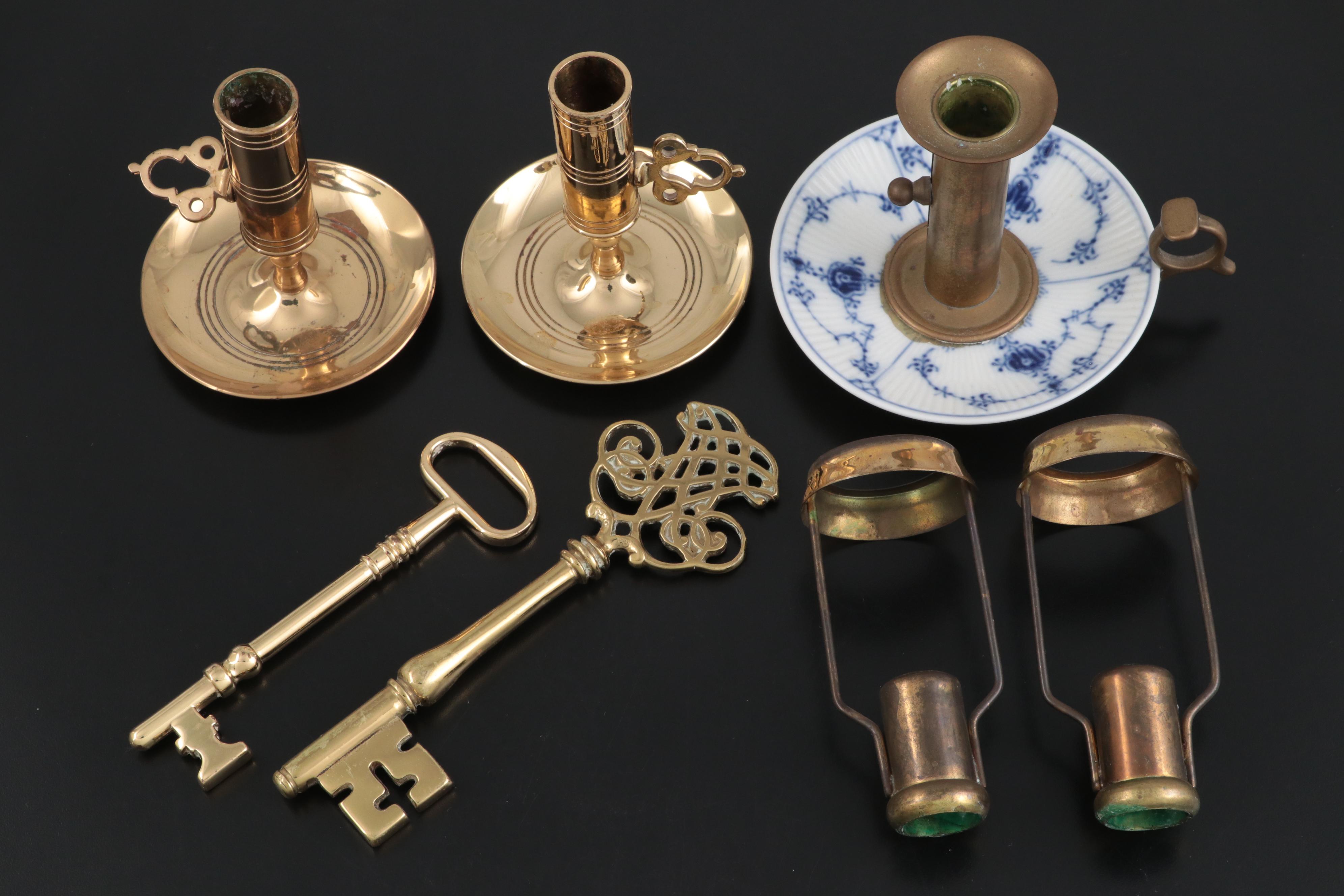 Baldwin Brass Candle Sconces and Chambersticks With Royal Copenhagen Candlestick