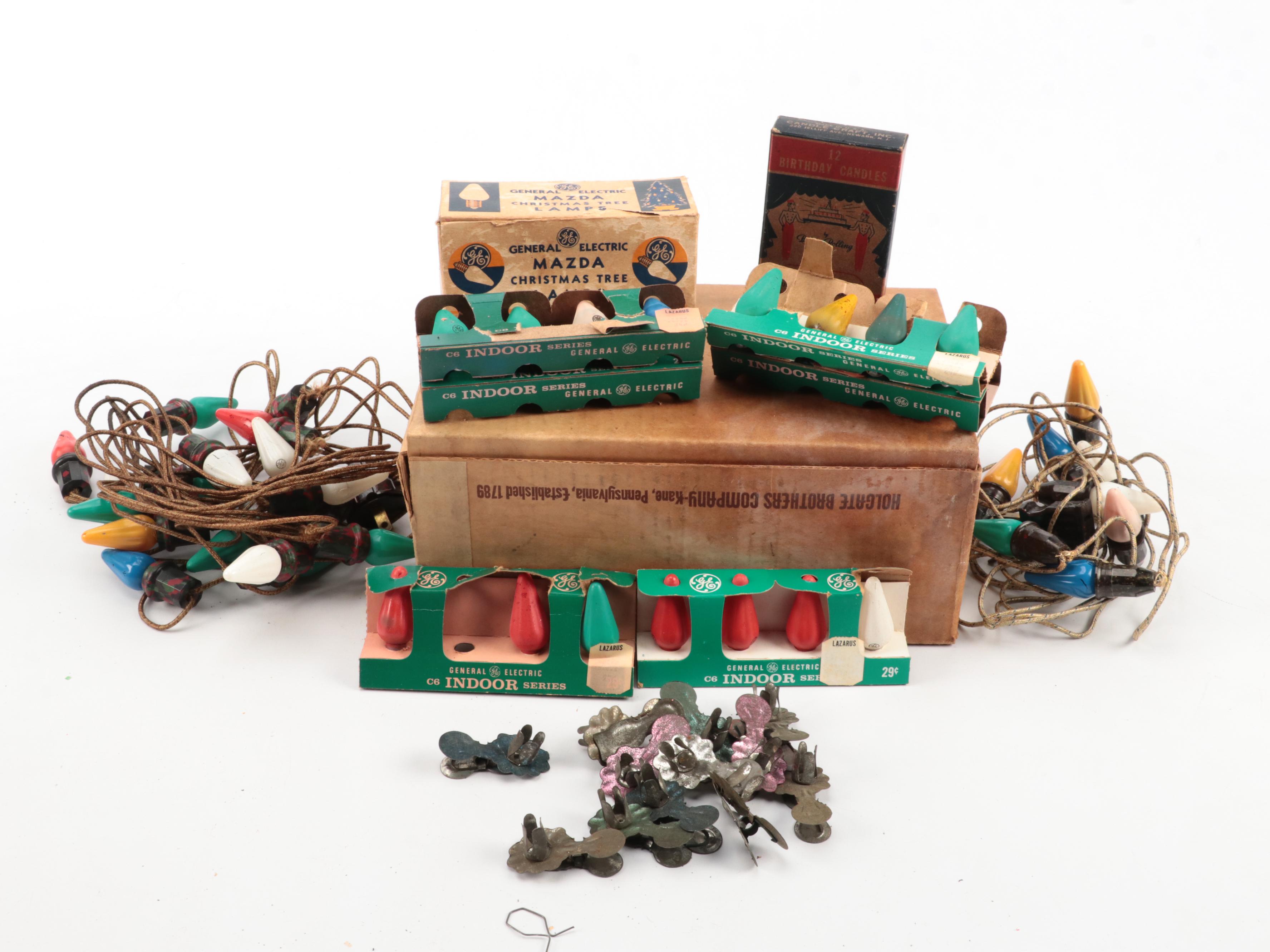 General Electric Noma Twinkle Lights, Shiny-Brite Ornaments, and Tree Stand