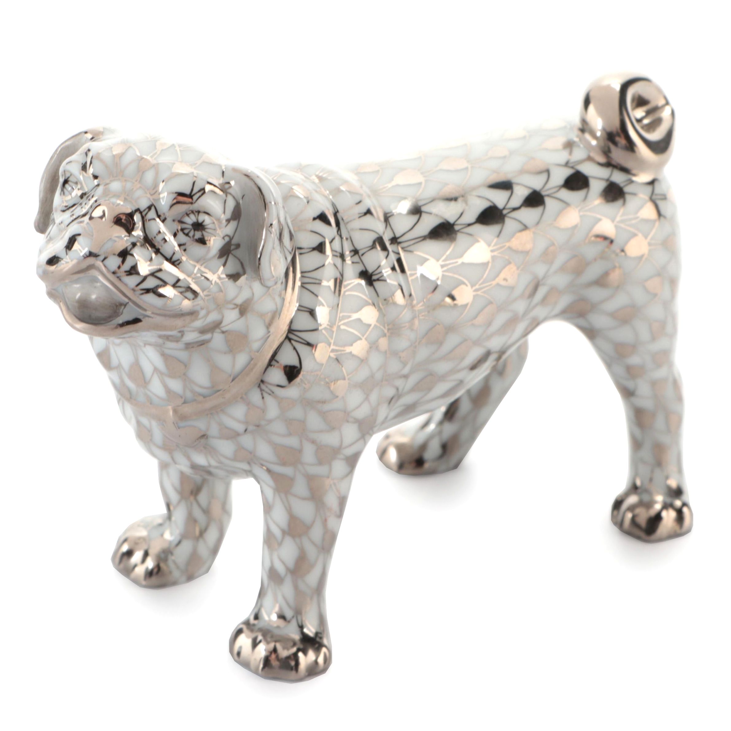Herend "Pug Lola" Platinum Fishnet Porcelain Figurine