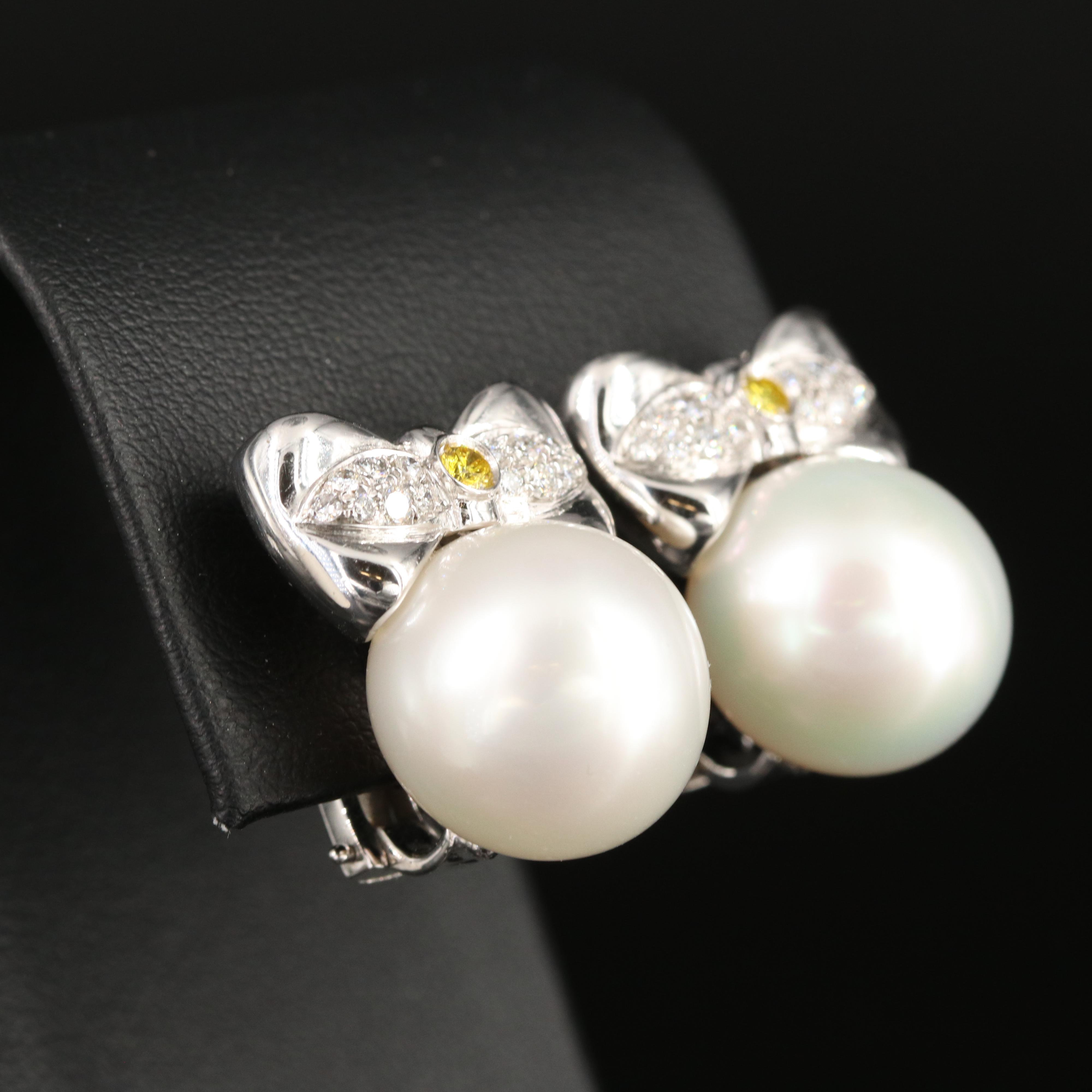 Platinum 14.50 mm Pearl and Diamond Bow Earrings