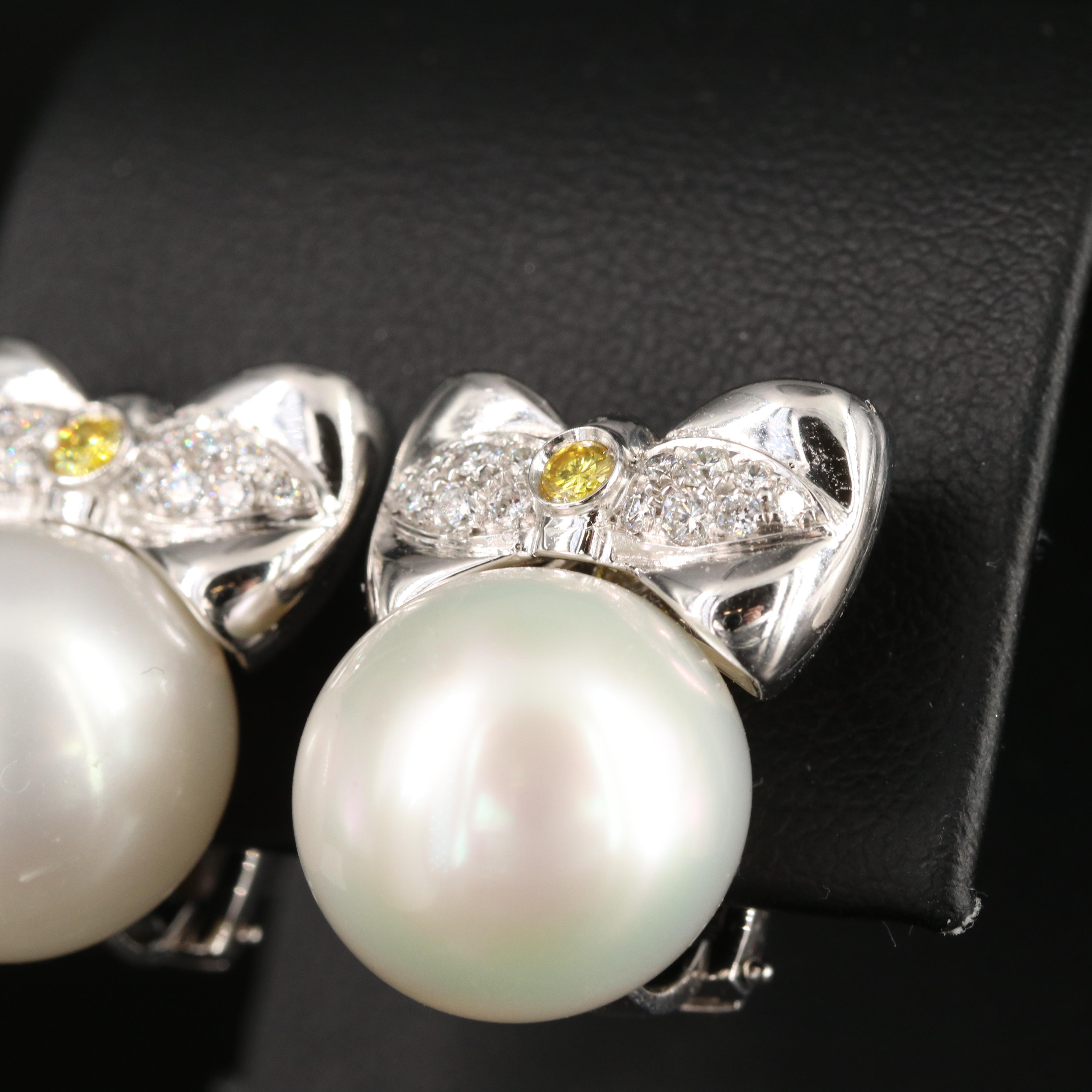 Platinum 14.50 mm Pearl and Diamond Bow Earrings