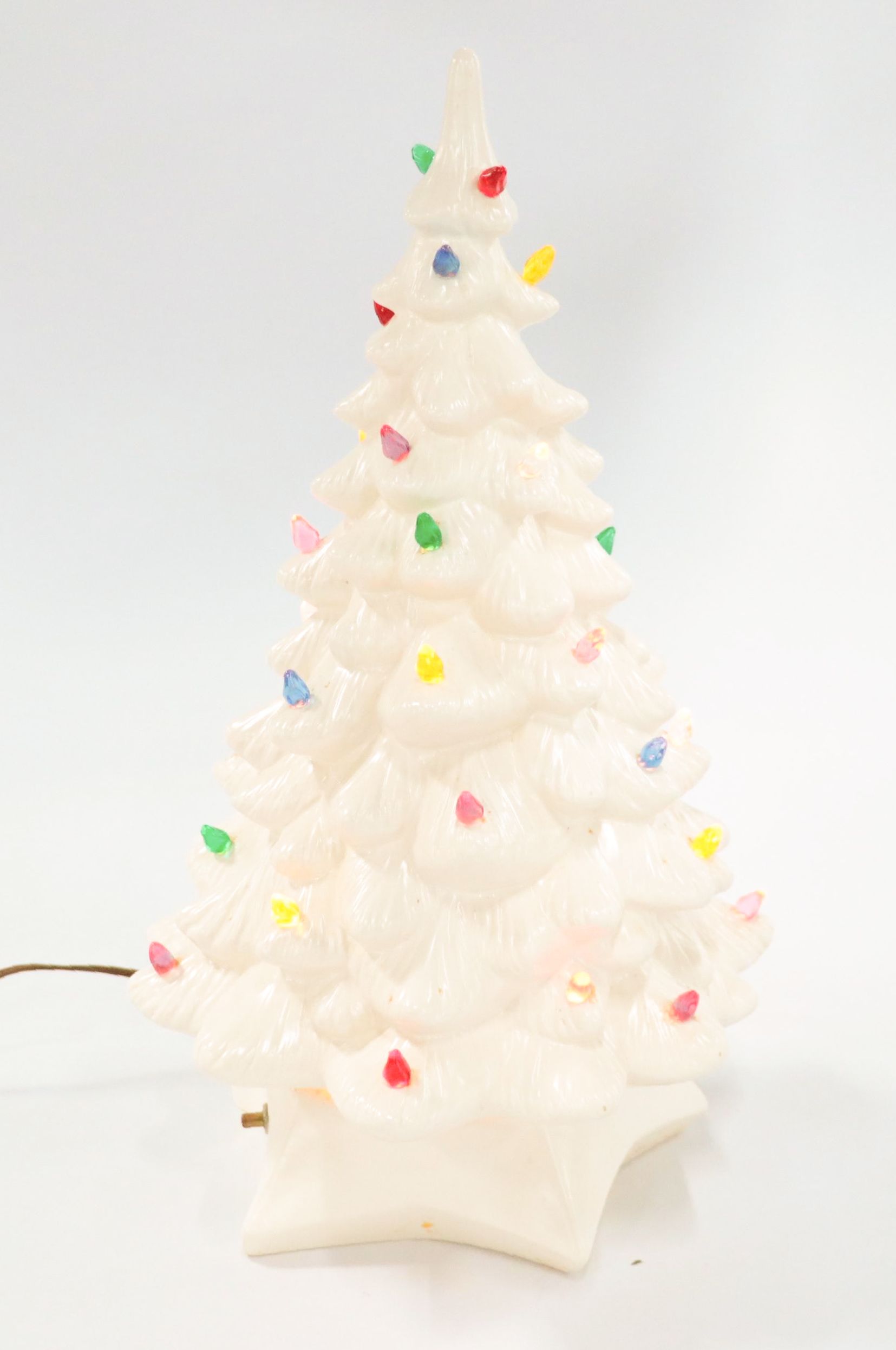 White Illuminated Table Top Christmas Tree with Ornaments and Nodder Figurines