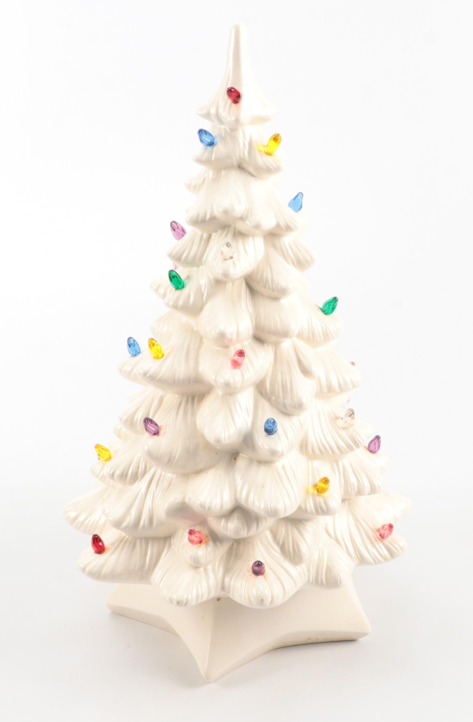 White Illuminated Table Top Christmas Tree with Ornaments and Nodder Figurines