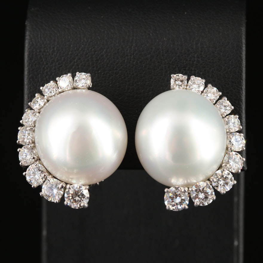 Platinum 17.00 mm Button Pearl and 3.83 CTW Diamond Earrings