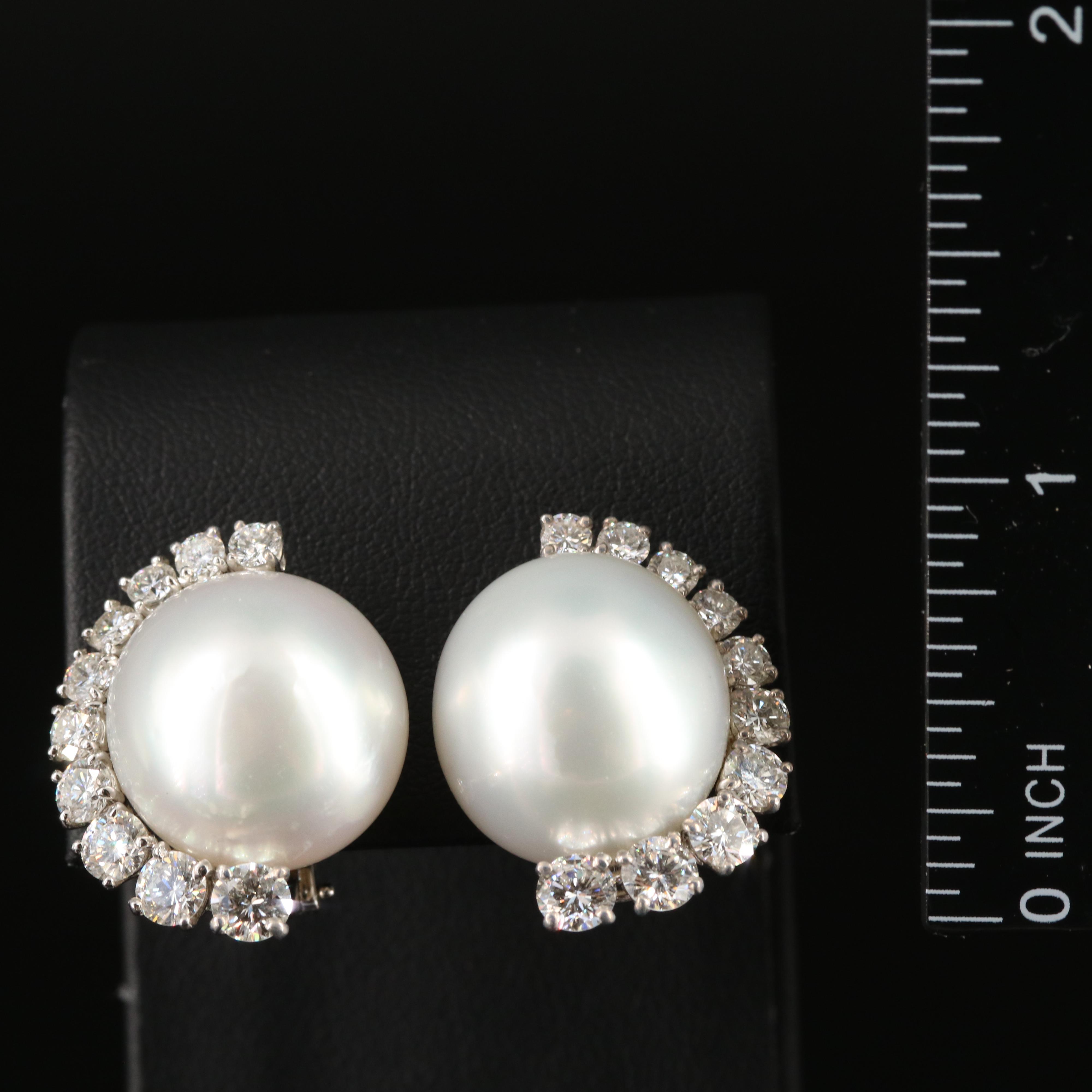 Platinum 17.00 mm Button Pearl and 3.83 CTW Diamond Earrings