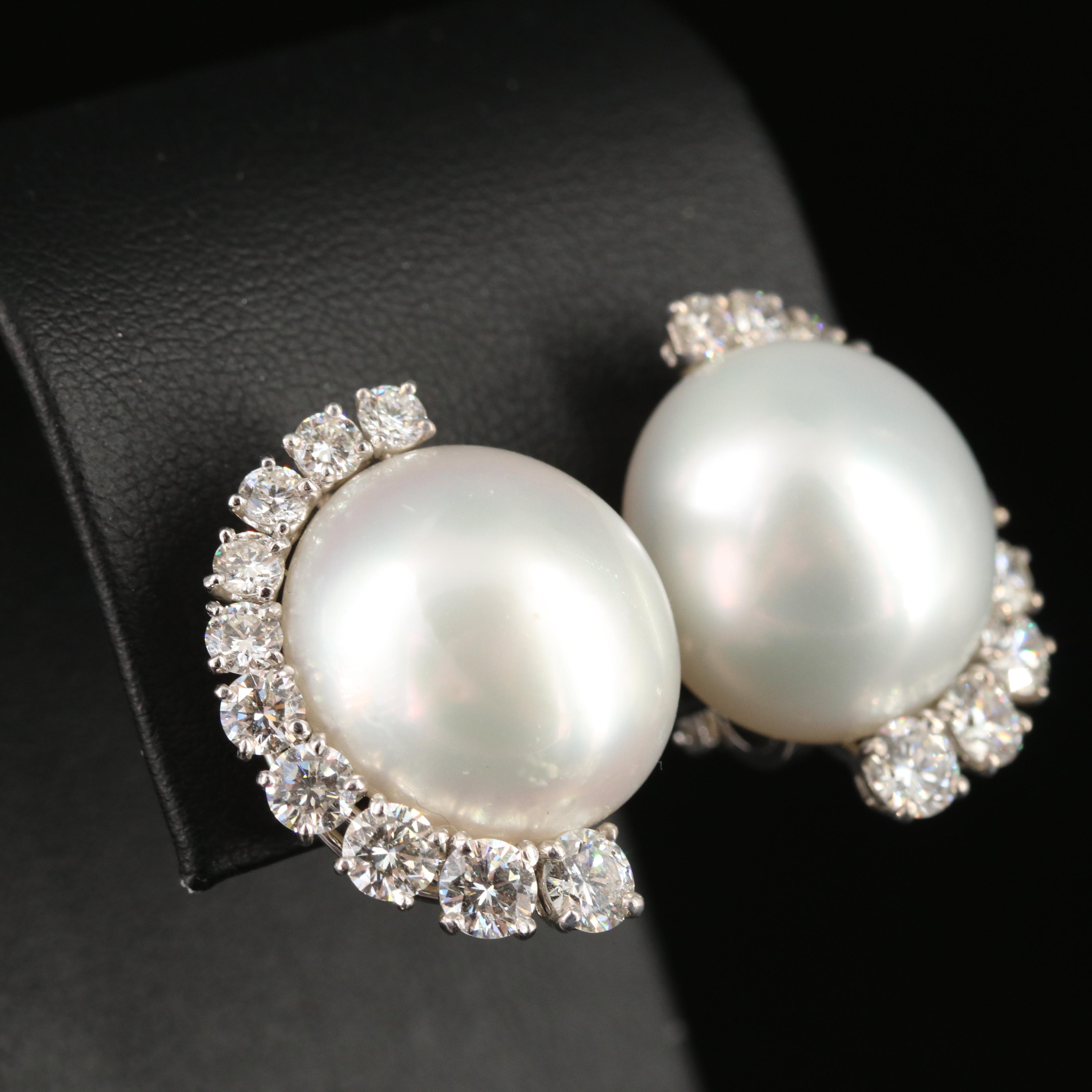 Platinum 17.00 mm Button Pearl and 3.83 CTW Diamond Earrings