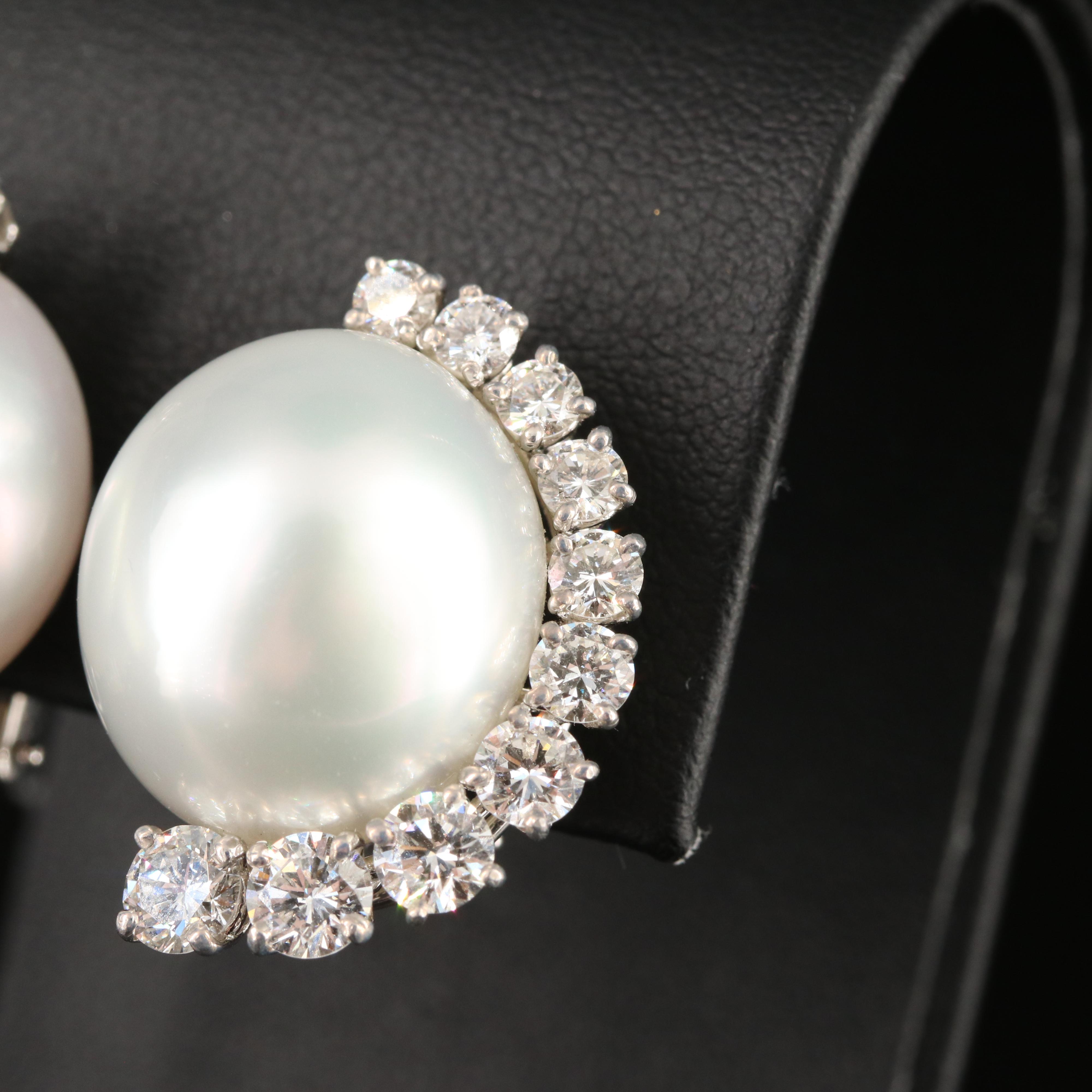 Platinum 17.00 mm Button Pearl and 3.83 CTW Diamond Earrings