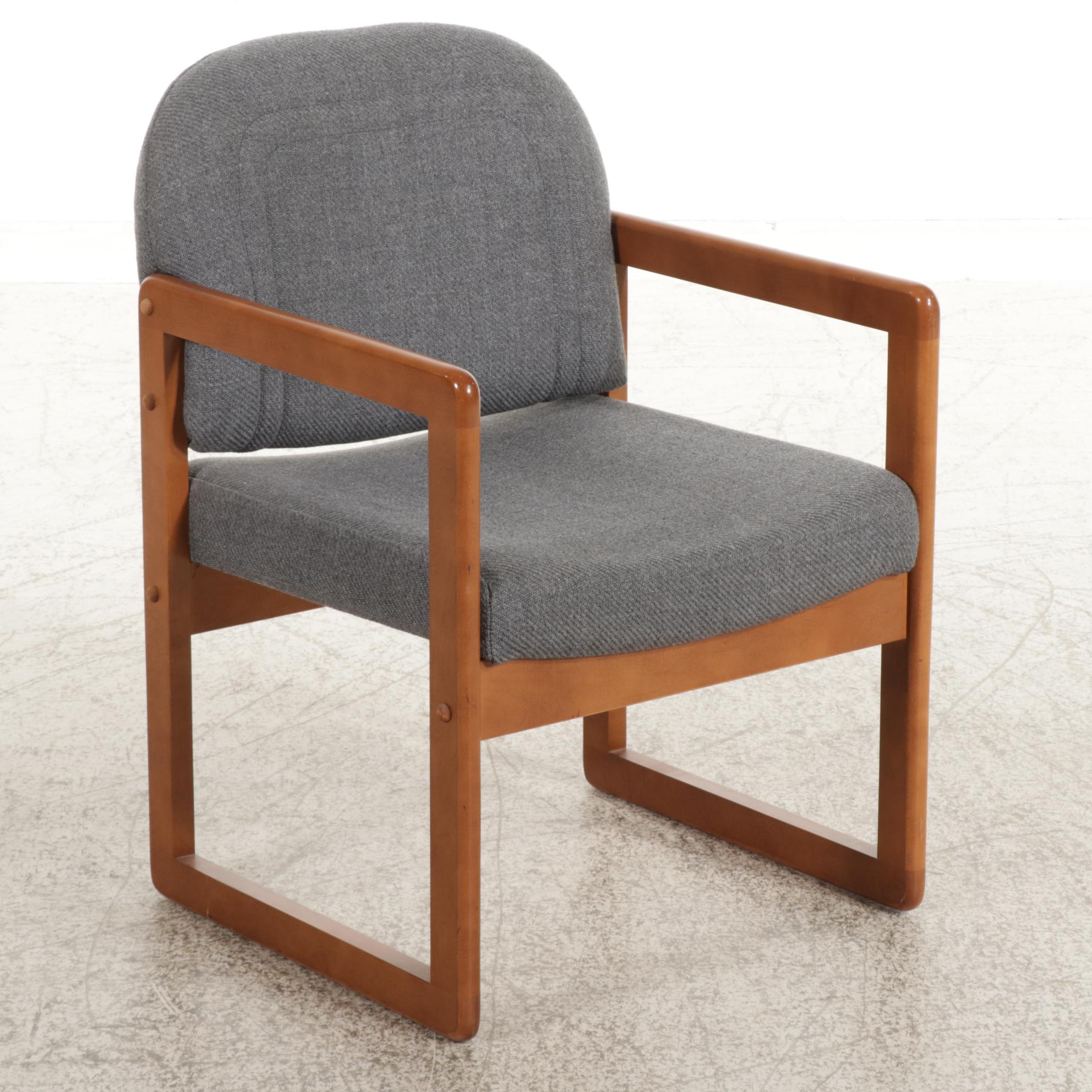 Oak Pedestal Dining Table with Four Global Upholstery Modernist Chairs