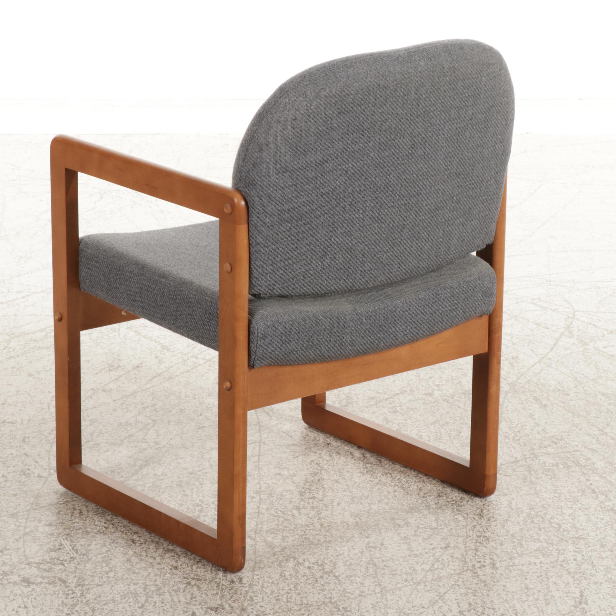 Oak Pedestal Dining Table with Four Global Upholstery Modernist Chairs