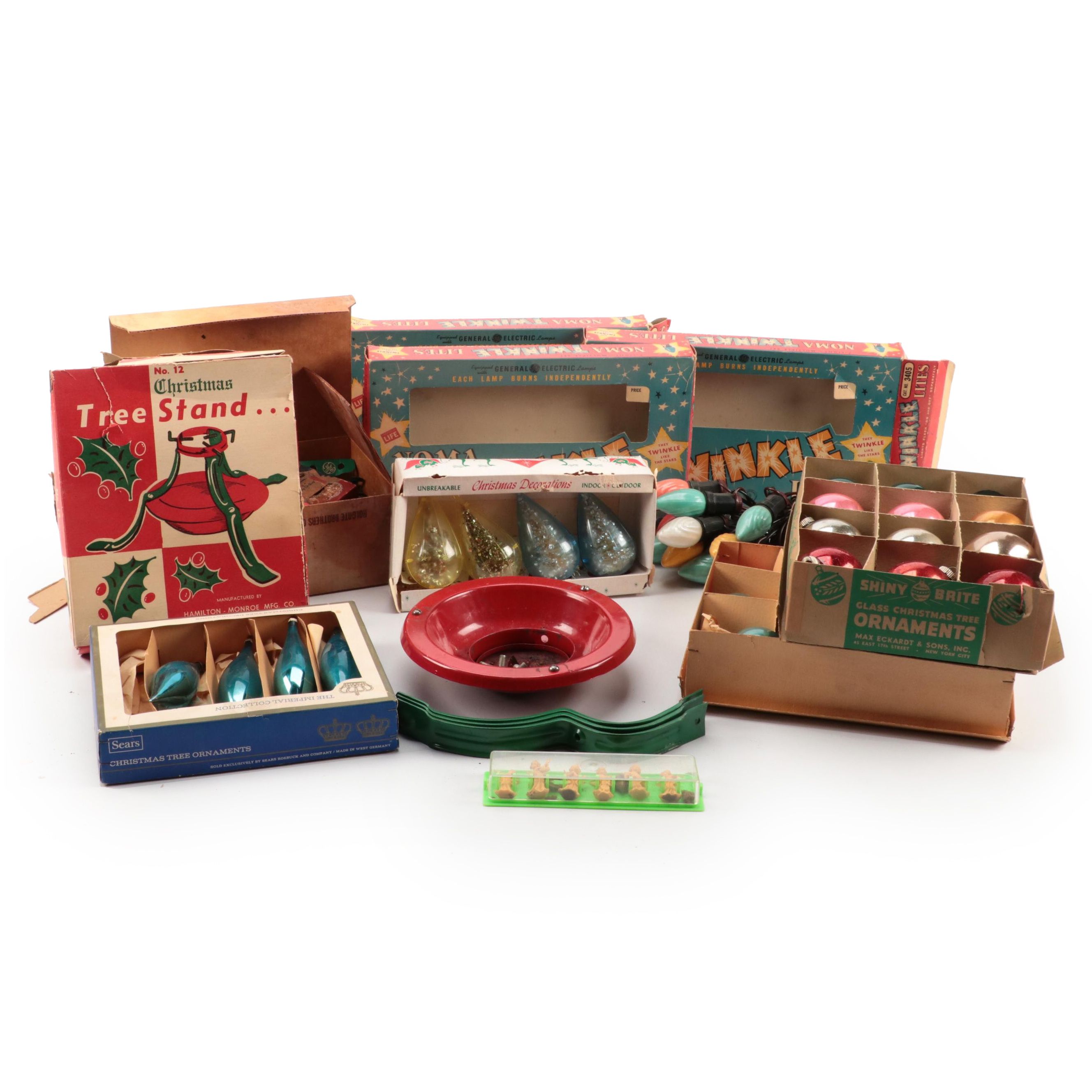 General Electric Noma Twinkle Lights, Shiny-Brite Ornaments, and Tree Stand