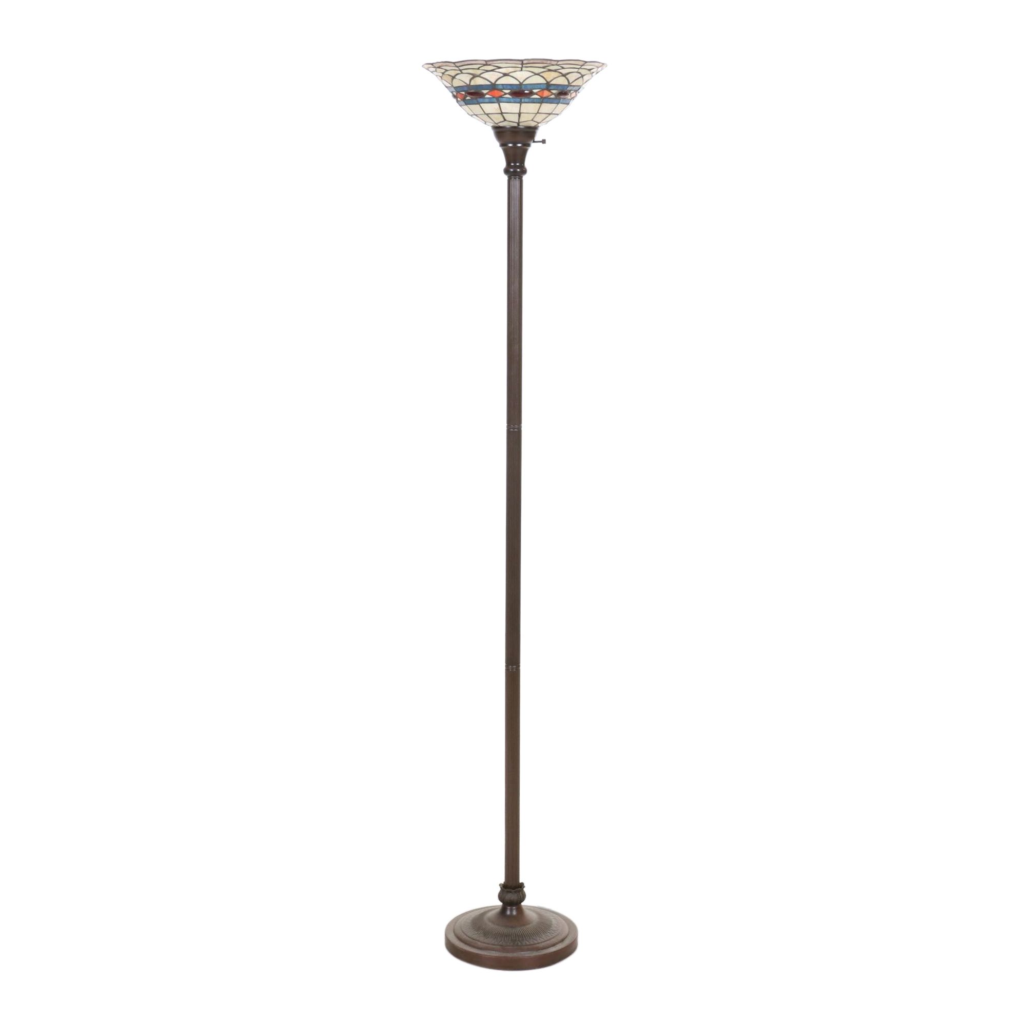 Slag Glass and Metal Torchiere Floor Lamp